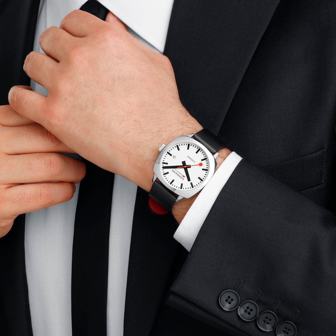 Mondaine Grand Cushion Automatic White Dial Black Leather Watch MSL.3961B.LBV