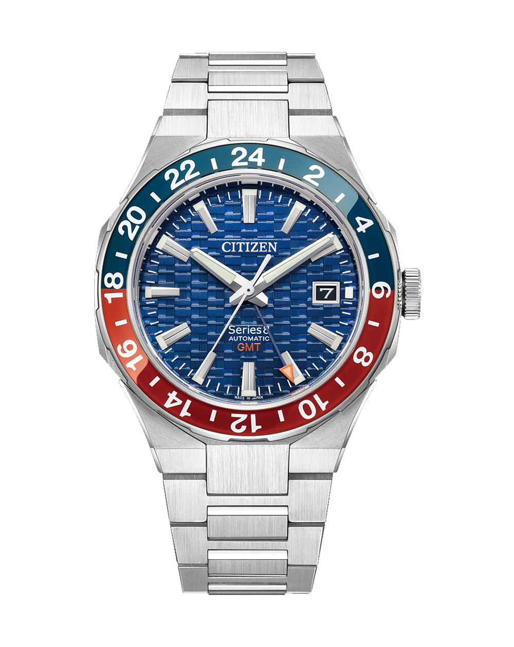 Stainless steel Citizen wristwatch with a blue dial and red-blue bezel.
