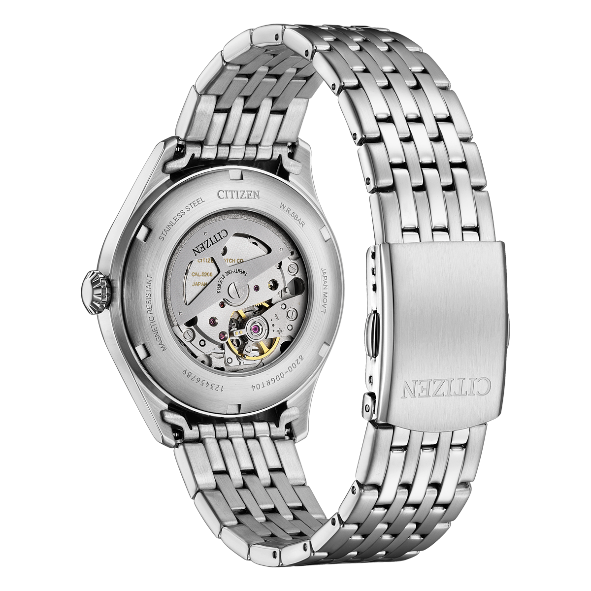 Exhibition caseback of the Citizen NH8410-59A showing the Calibre 8200 automatic movement with 21 jewels
