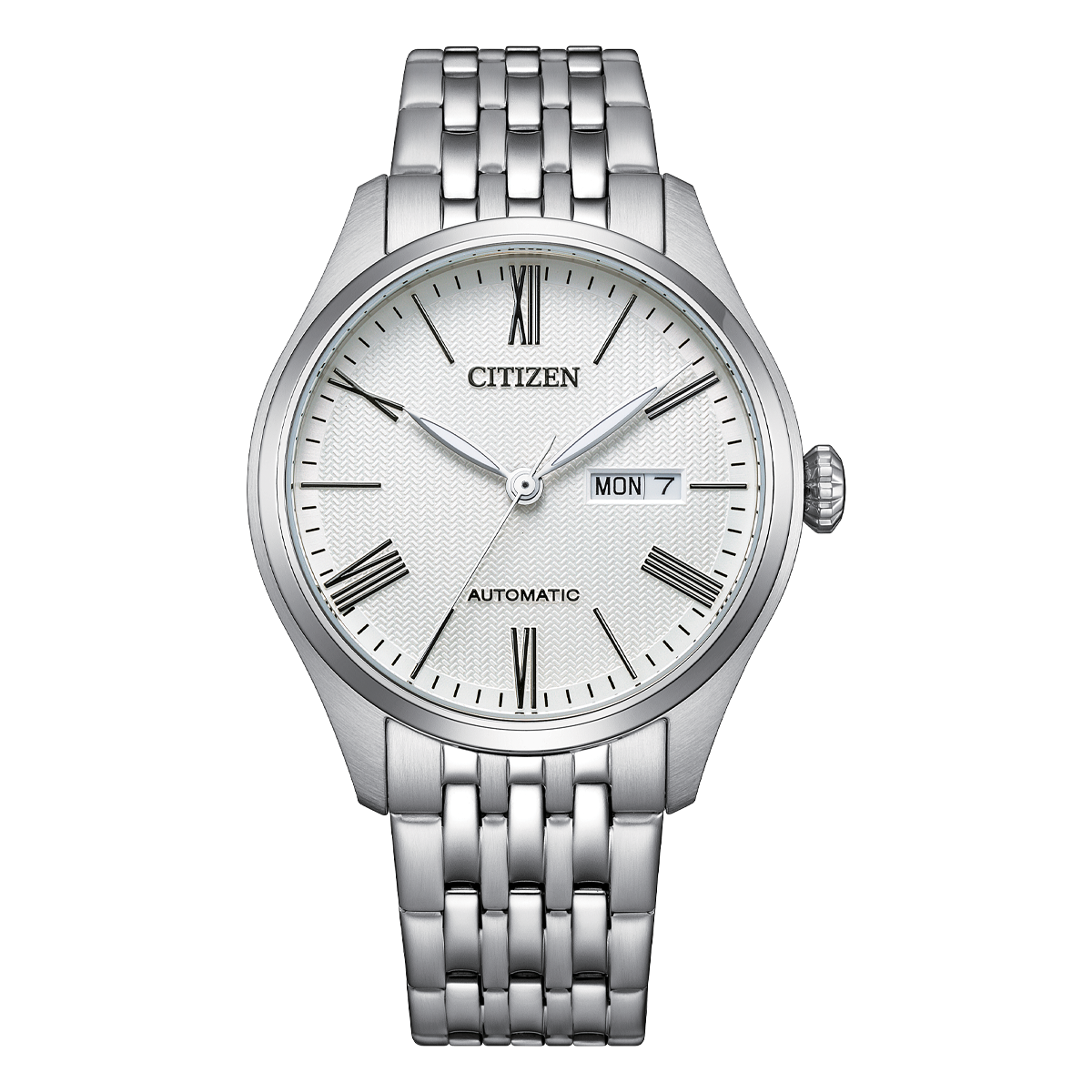 Citizen NH8410-59A men's automatic watch with a white woven-texture dial, Roman numerals and day-date window on a stainless steel bracelet, front view