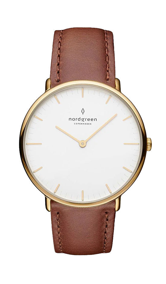 Nordgreen Native 36mm Yellow Gold Case Brown Leather Strap Watch