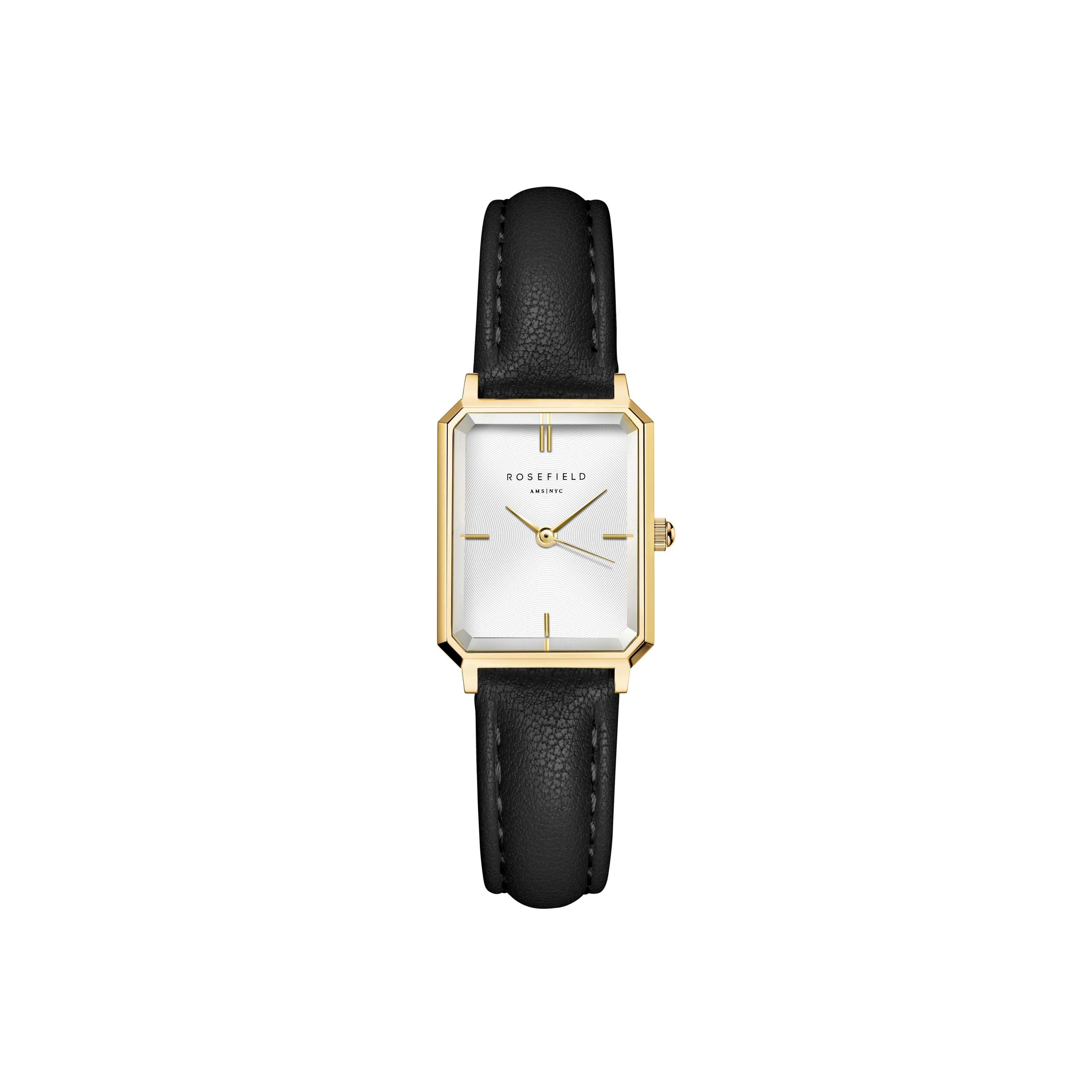 Rosefield Octagon XS White Gold Black Leather Watch OWBLG-O84
