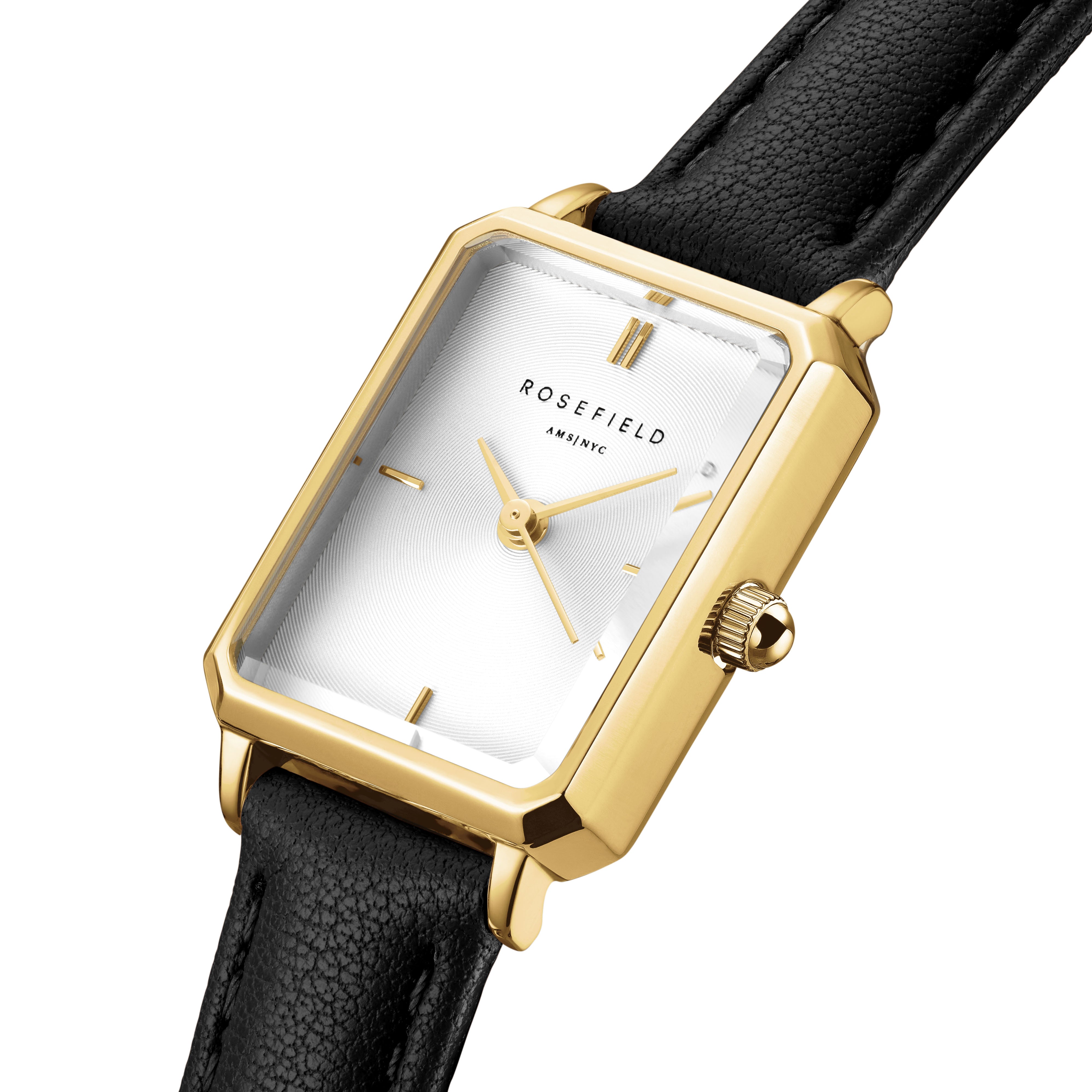 Rosefield Octagon XS White Gold Black Leather Watch OWBLG-O84