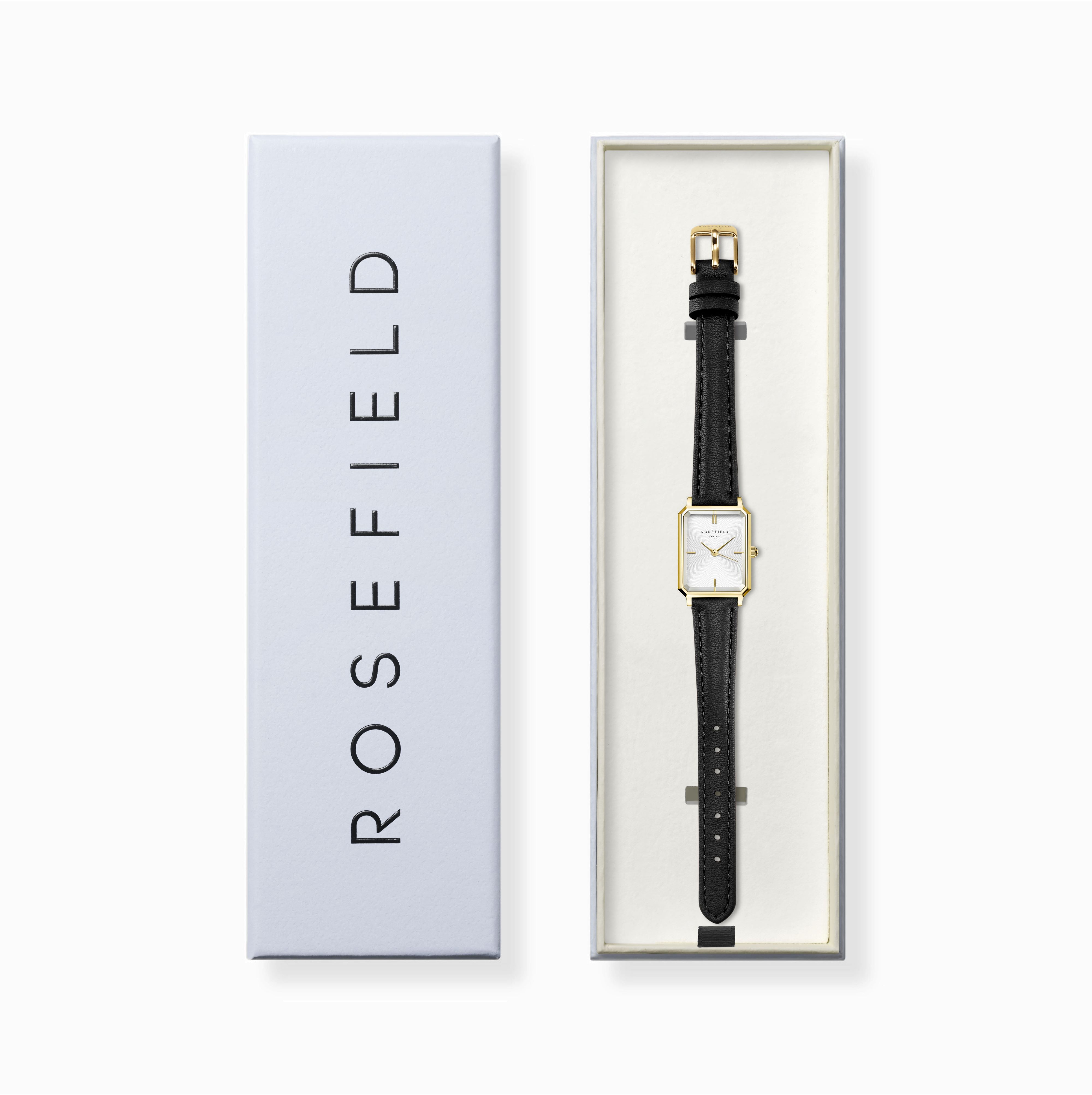 Rosefield Octagon XS White Gold Black Leather Watch OWBLG-O84
