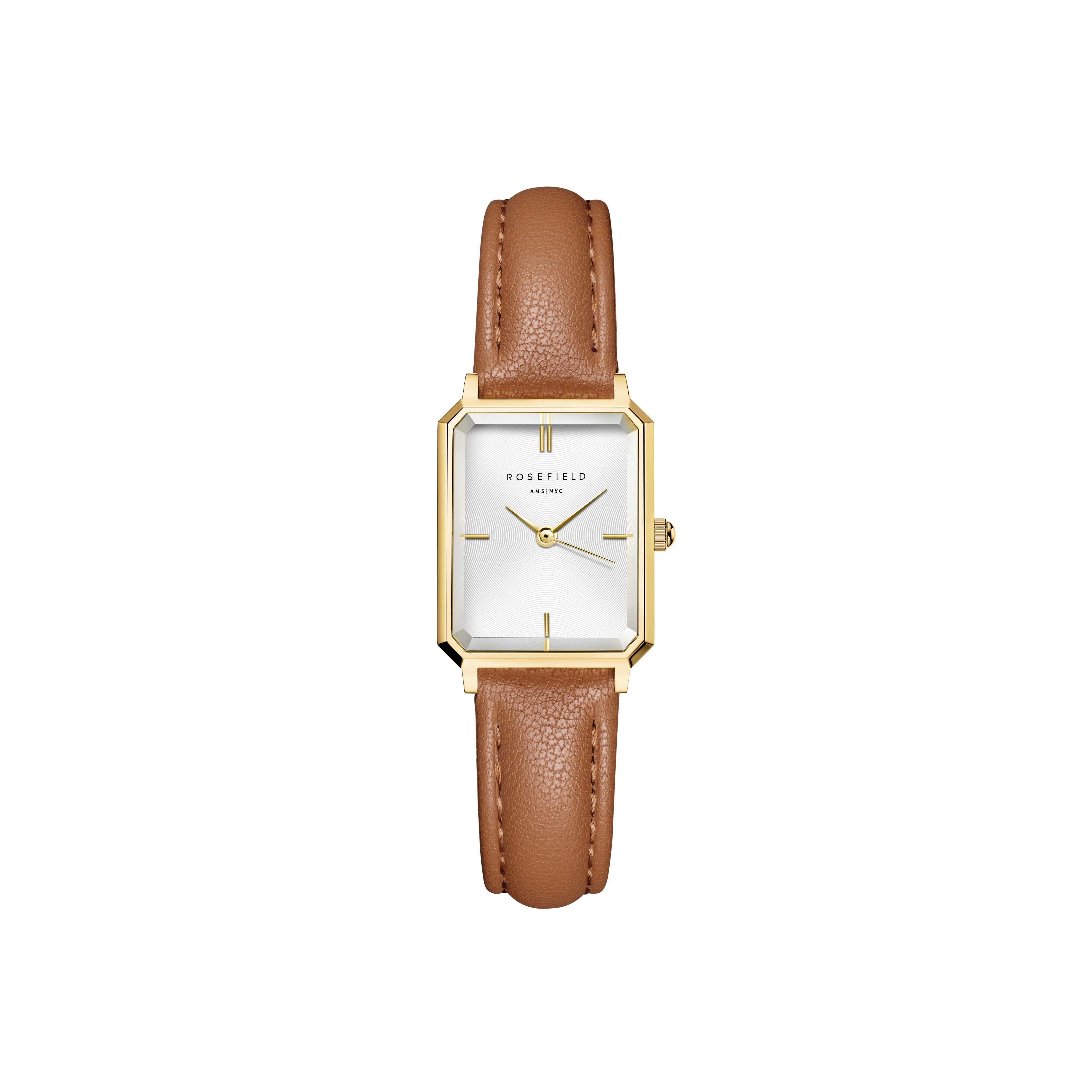 Rosefield Octagon XS White Gold Light Brown Leather Watch OWBLG-O85