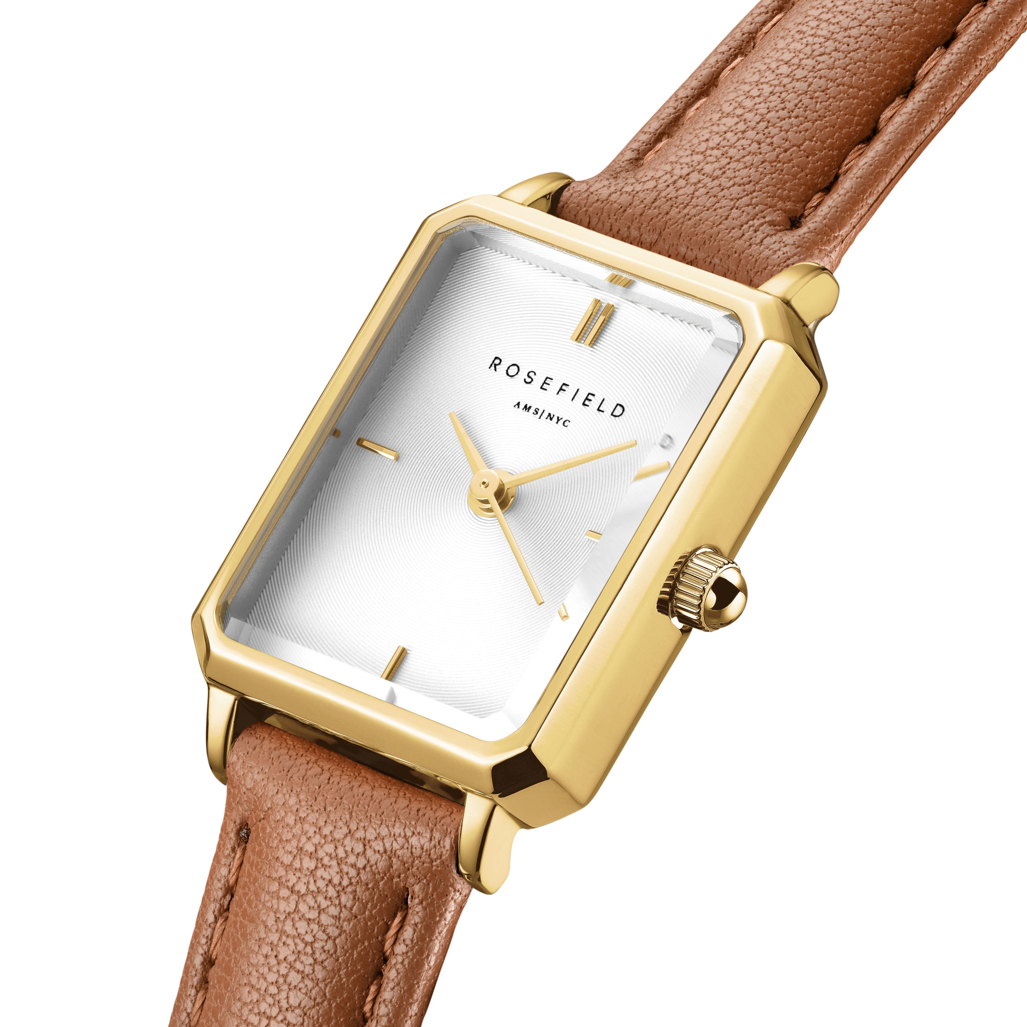 Rosefield Octagon XS White Gold Light Brown Leather Watch OWBLG-O85
