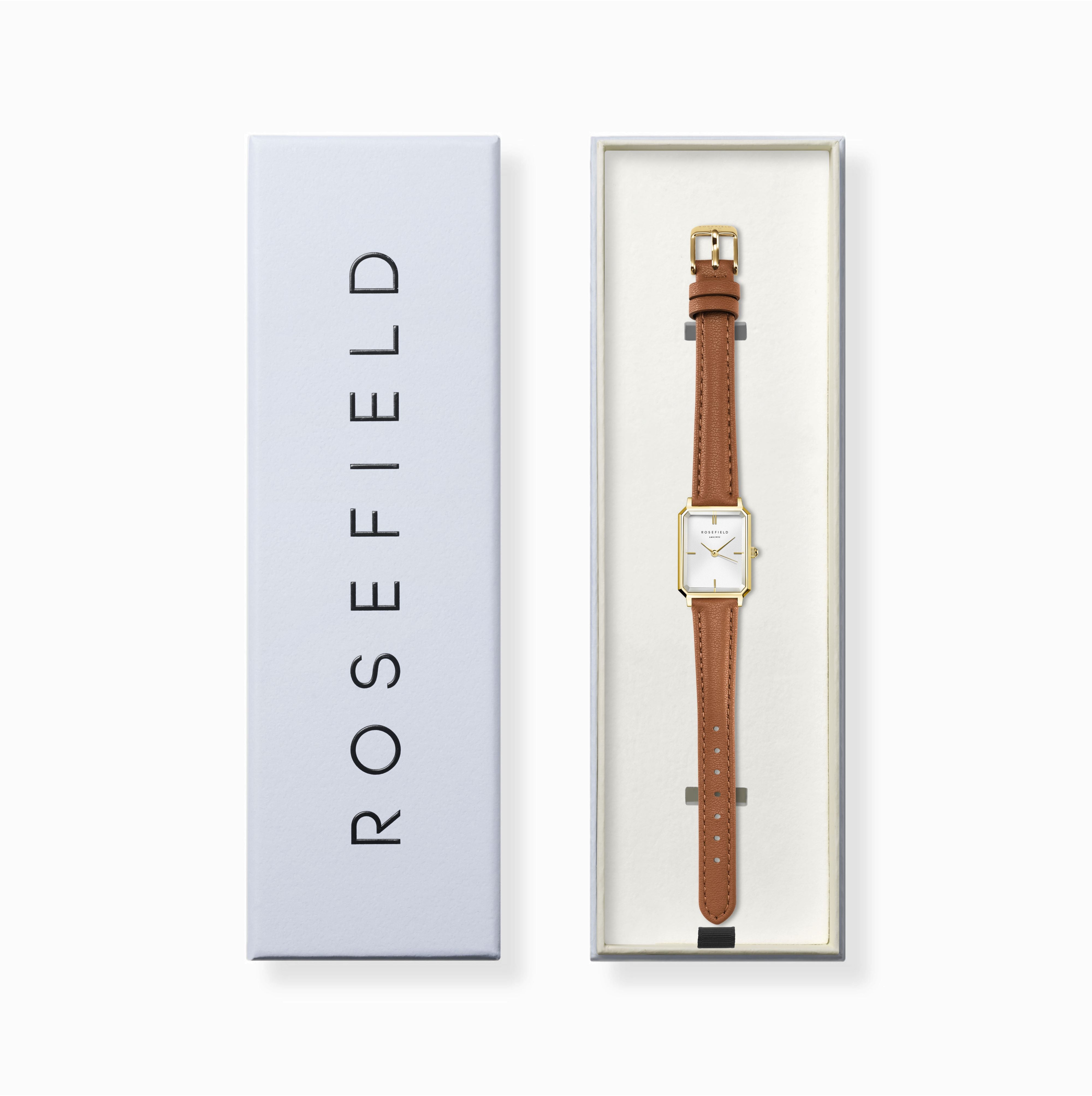 Rosefield Octagon XS White Gold Light Brown Leather Watch OWBLG-O85