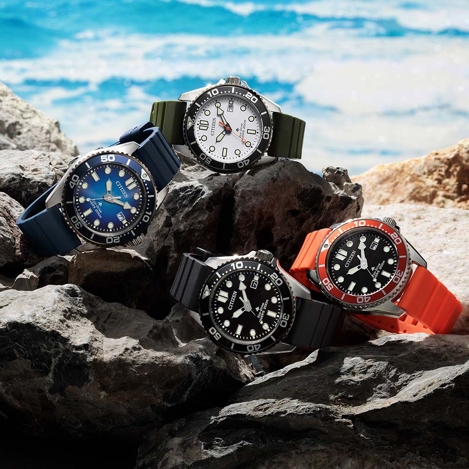 Citizen Promaster Diver BN0266-07E men's watch black dial black rubber strap angled view