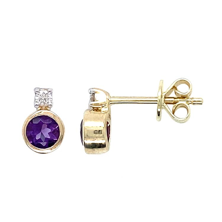 Diamond and Amethyst Earrings with 0.06ct Diamond in 9K Yellow Gold