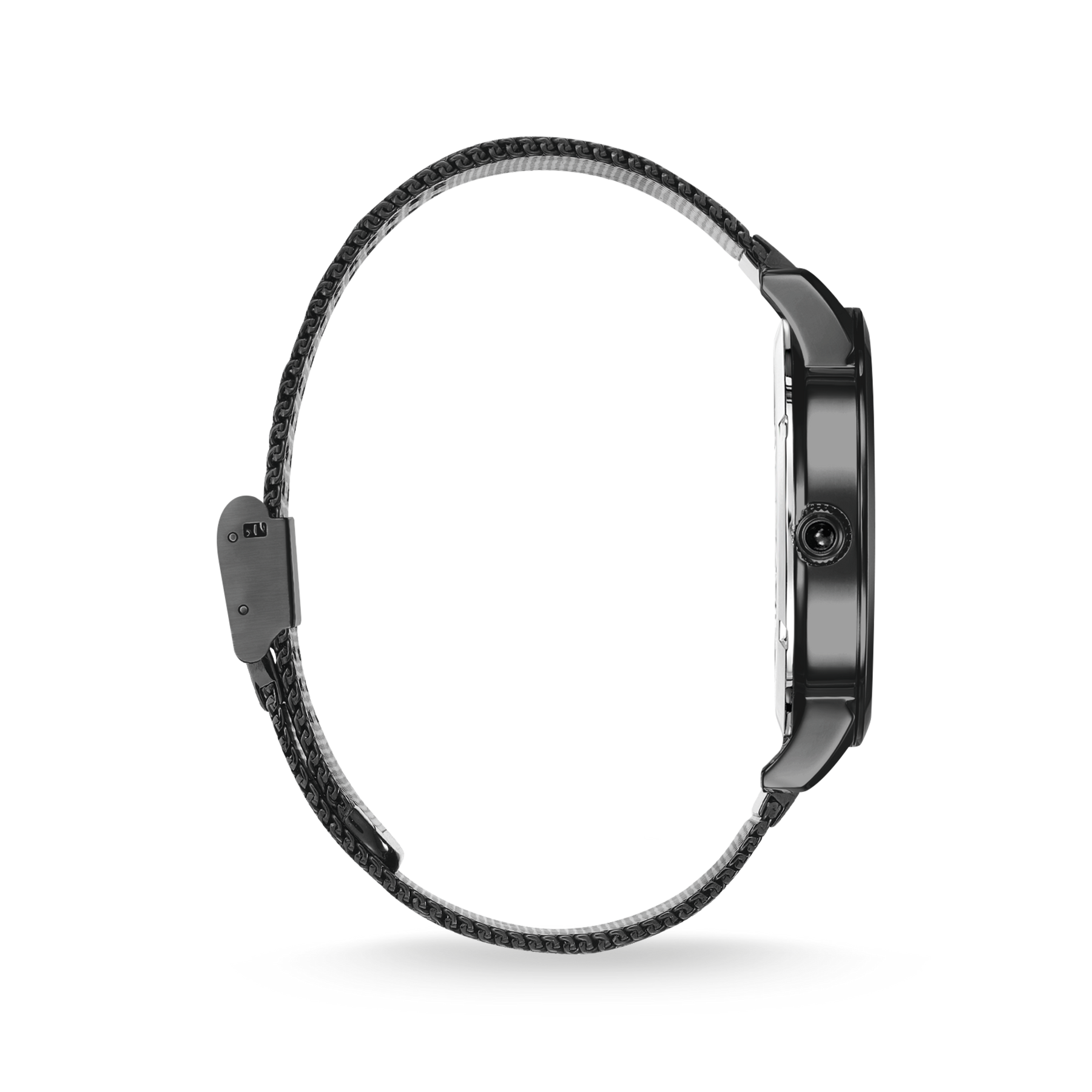 Sleek black wristwatch with a fabric strap.