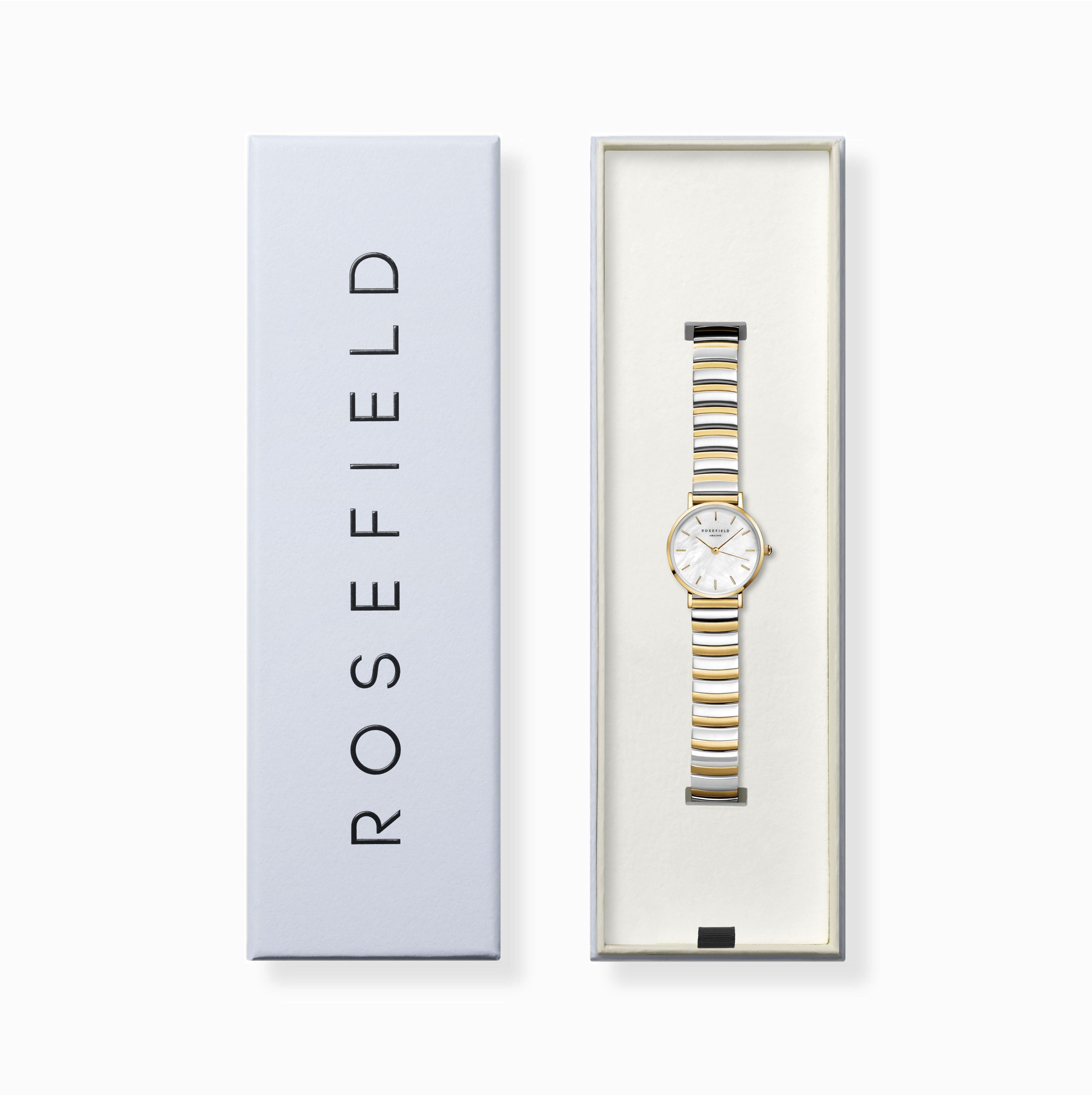 Rosefield Small Edit White MOP Half-Moon Steel Duotone Watch SEWDSG-SE03