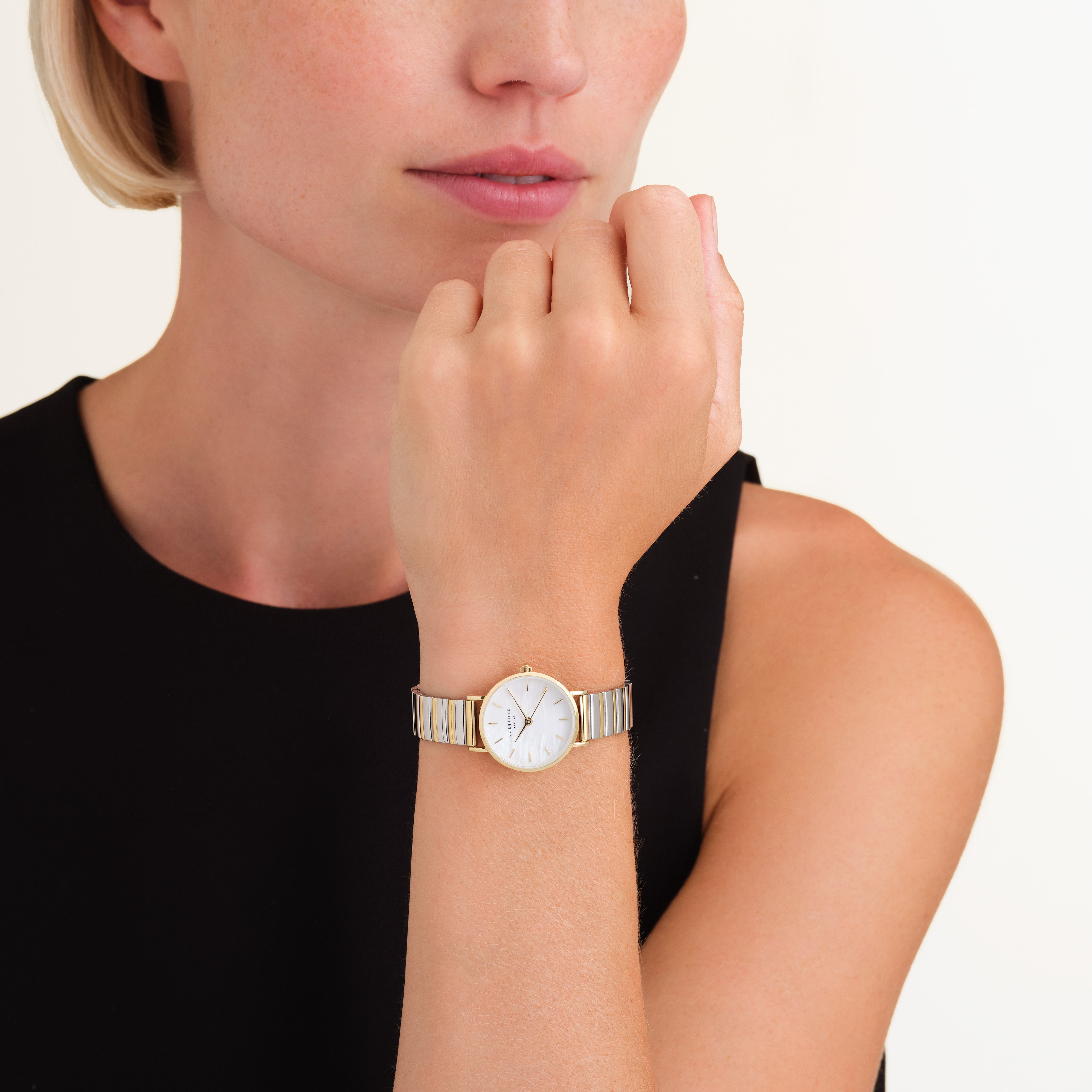 Rosefield Small Edit White MOP Half-Moon Steel Duotone Watch SEWDSG-SE03