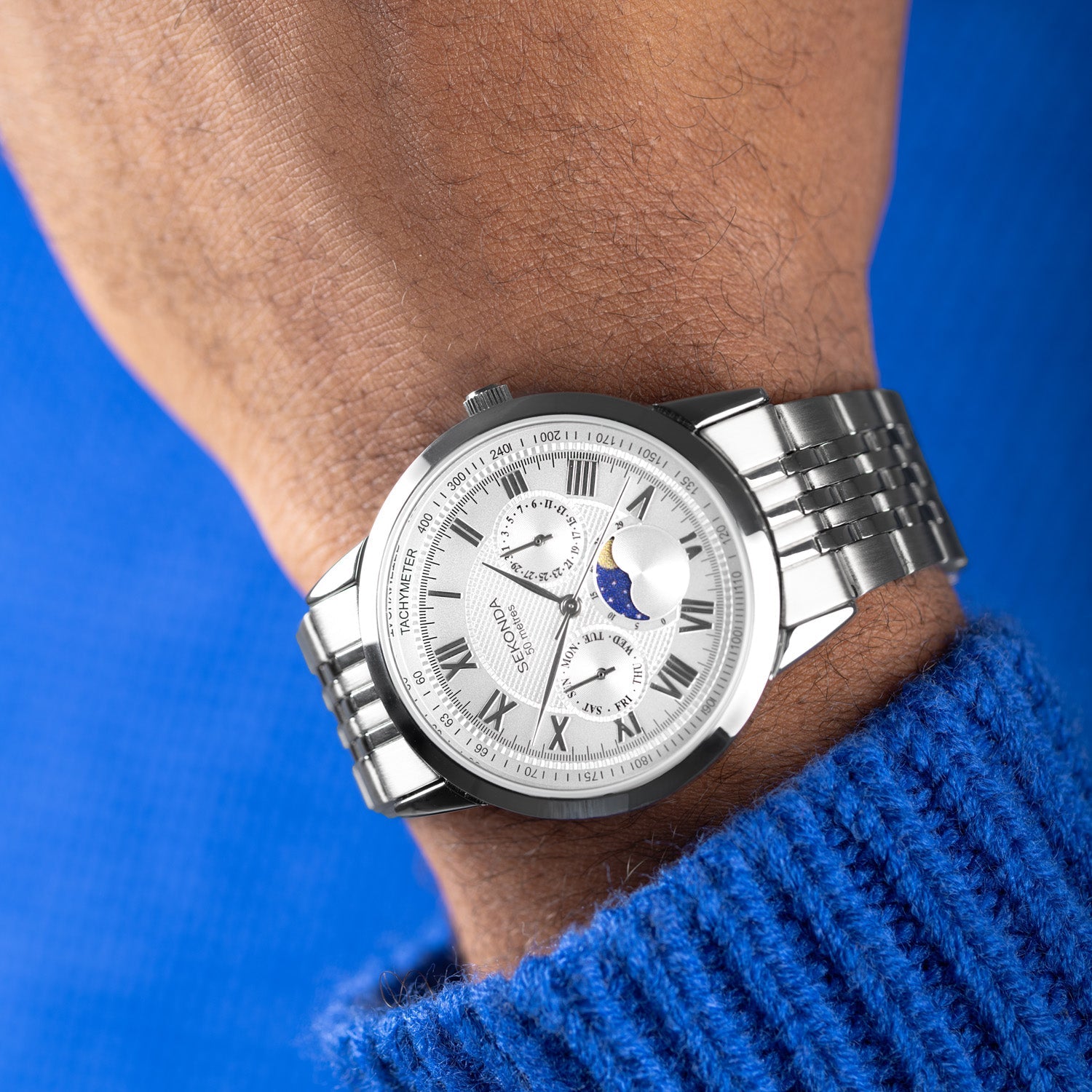 Sekonda Armstrong Moonphase 40mm Mens Stainless Steel Silver Watch