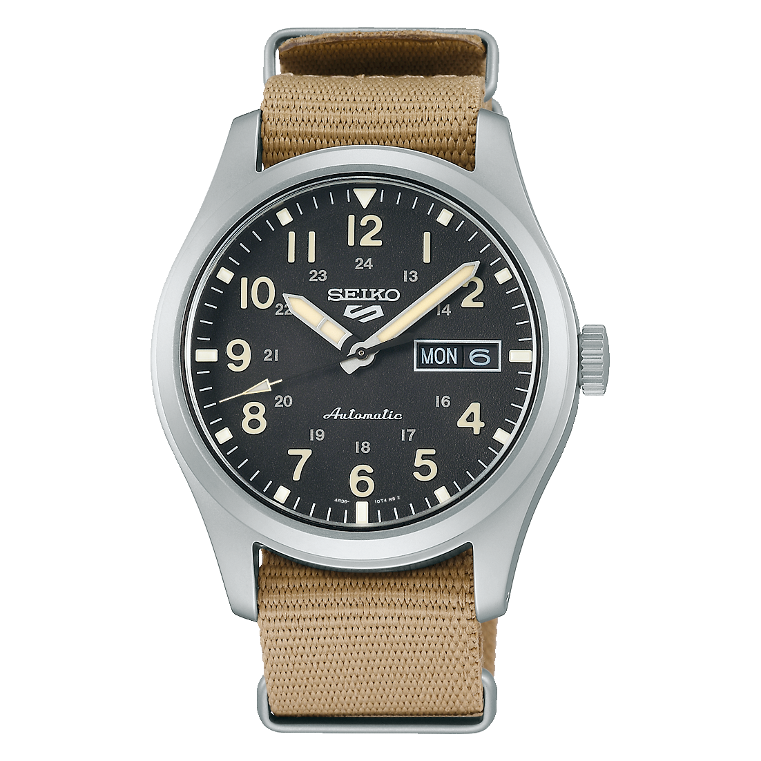 Seiko 5 Automatic Sports Black Dial Beige Fabric Strap Watch SRPG35K