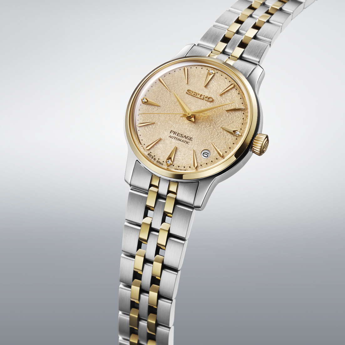 Seiko Presage Daytime 'Frozen Banana Daiquiri' Automatic Gold Dial Watch with Diamonds SRPL64J