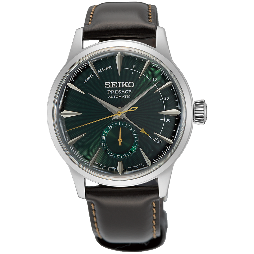 Seiko Presage automatic wristwatch with a green dial and brown leather strap.