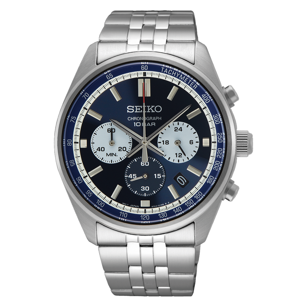 Stainless steel Seiko chronograph wristwatch with a blue dial and silver bracelet.