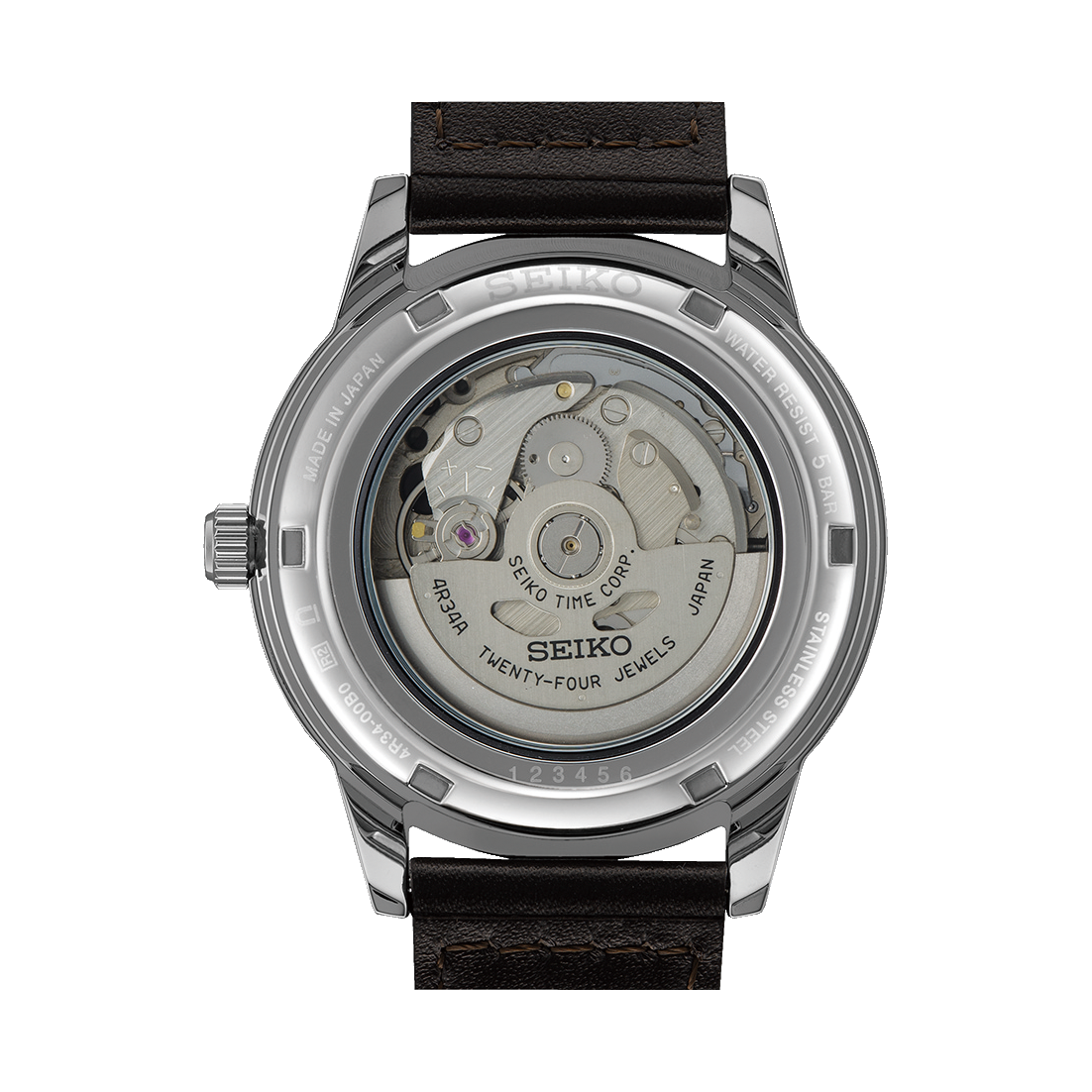 Back of a Seiko automatic watch showing its transparent case and movement mechanism.