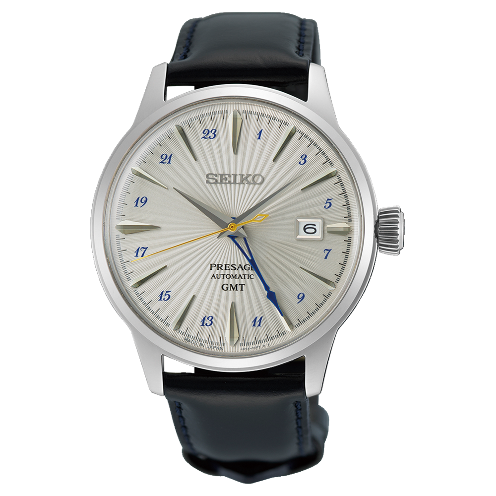 Seiko Presage Cocktail Time GMT wristwatch with a grey dial and black leather strap.