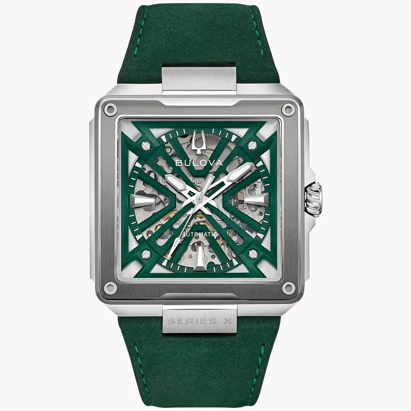 Bulova Series X 98A343 automatic men's watch with hunter green skeleton dial, green bezel insert and green suede strap — front view