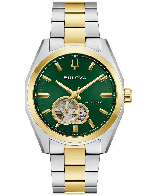 Bulova Surveyor 98A338 automatic men's watch with green open-heart dial and two-tone stainless steel bracelet — front view