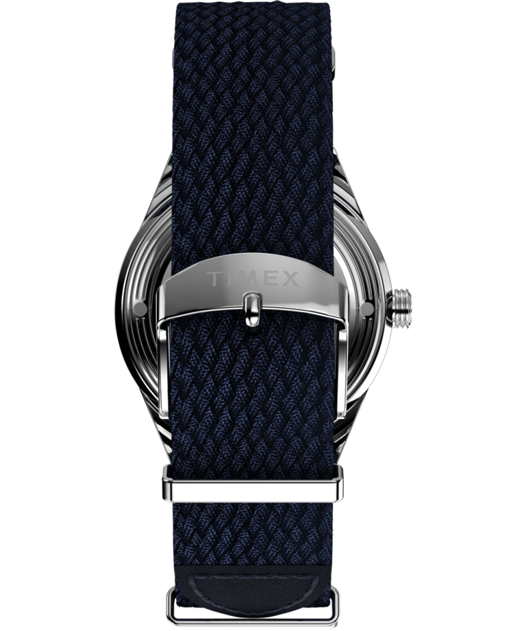 Back view of Timex Marlin® Jet Automatic 38mm Fabric Strap Watch TW2V72300 with navy strap and stainless buckle.