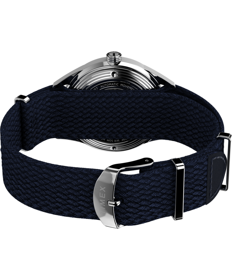 Rear view of Timex Marlin® Jet Automatic 38mm Fabric Strap Watch TW2V72300 with navy strap and stainless case.