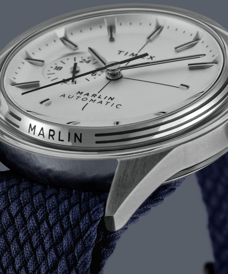 Close-up of Timex Marlin® Jet Automatic 38mm Fabric Strap Watch TW2V72300 with stainless steel case.