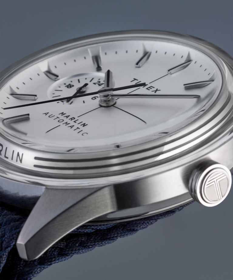 Close-up of Timex Marlin® Jet Automatic 38mm Fabric Strap Watch TW2V72300 with stainless steel case.