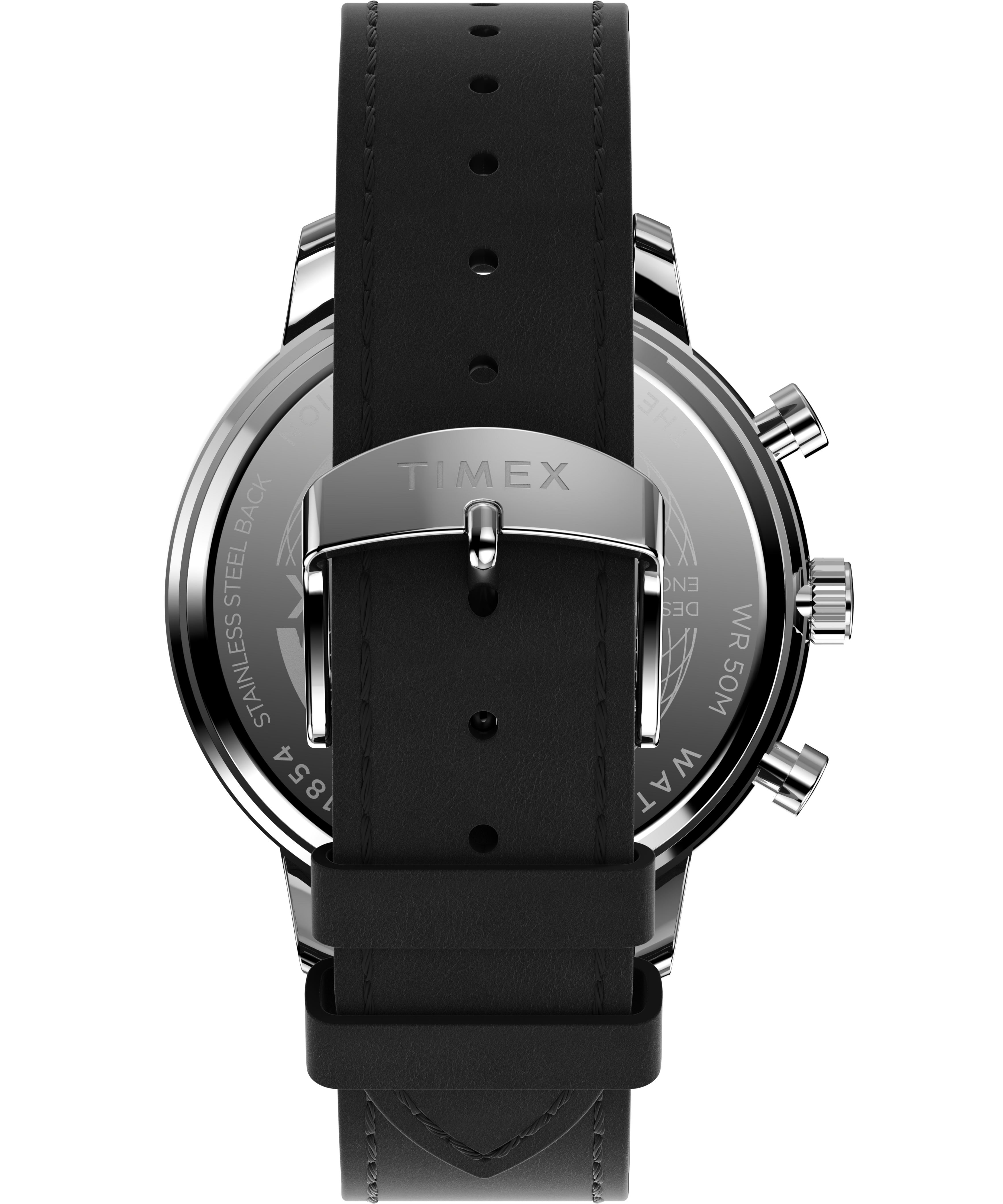 Wristwatch with a black leather strap and silver-toned metal case.