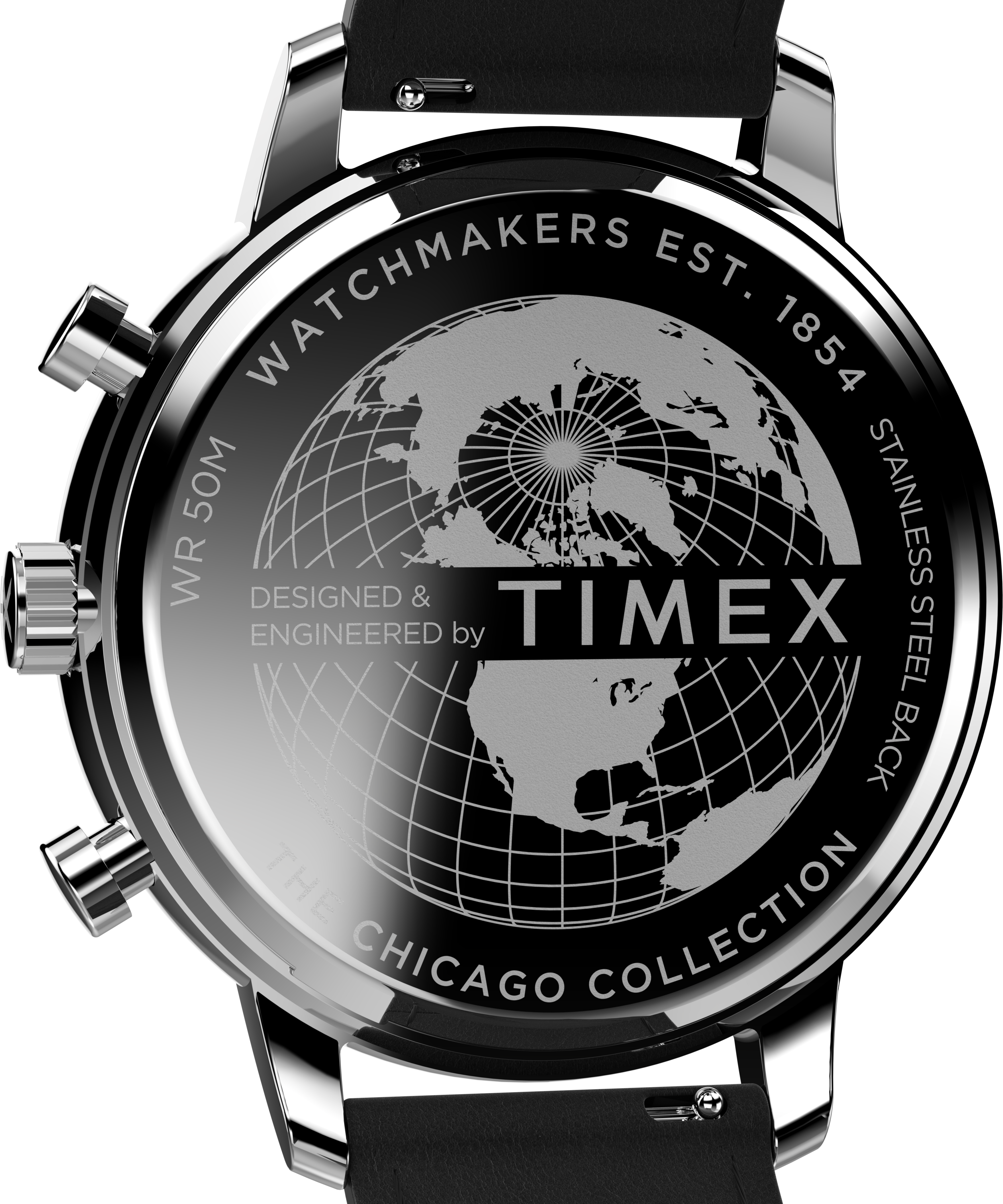 Back of a Timex watch featuring a world map design and ’Chicago Collection’ engraving.