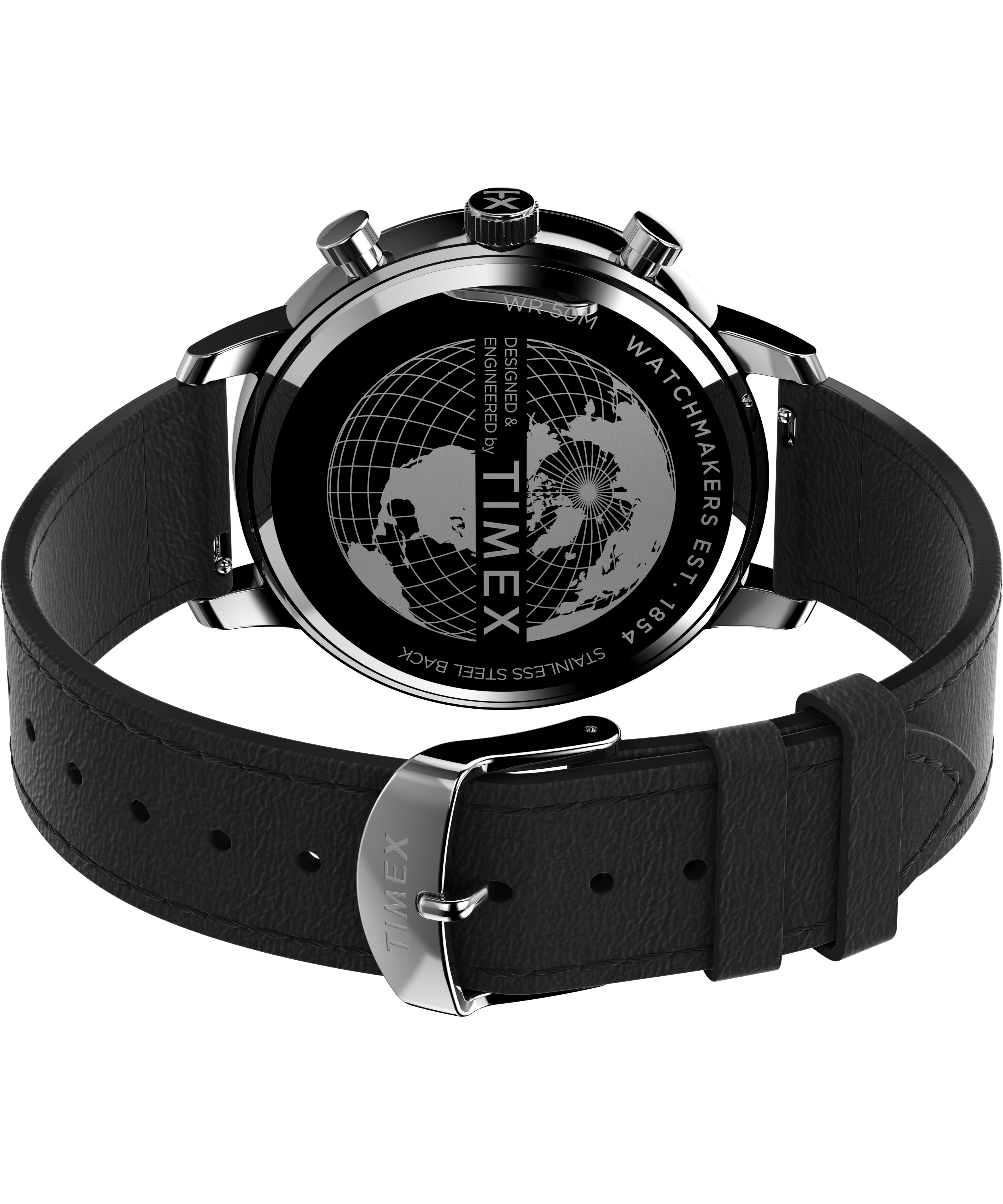 Wristwatch with a black leather strap and a globe design on its back.