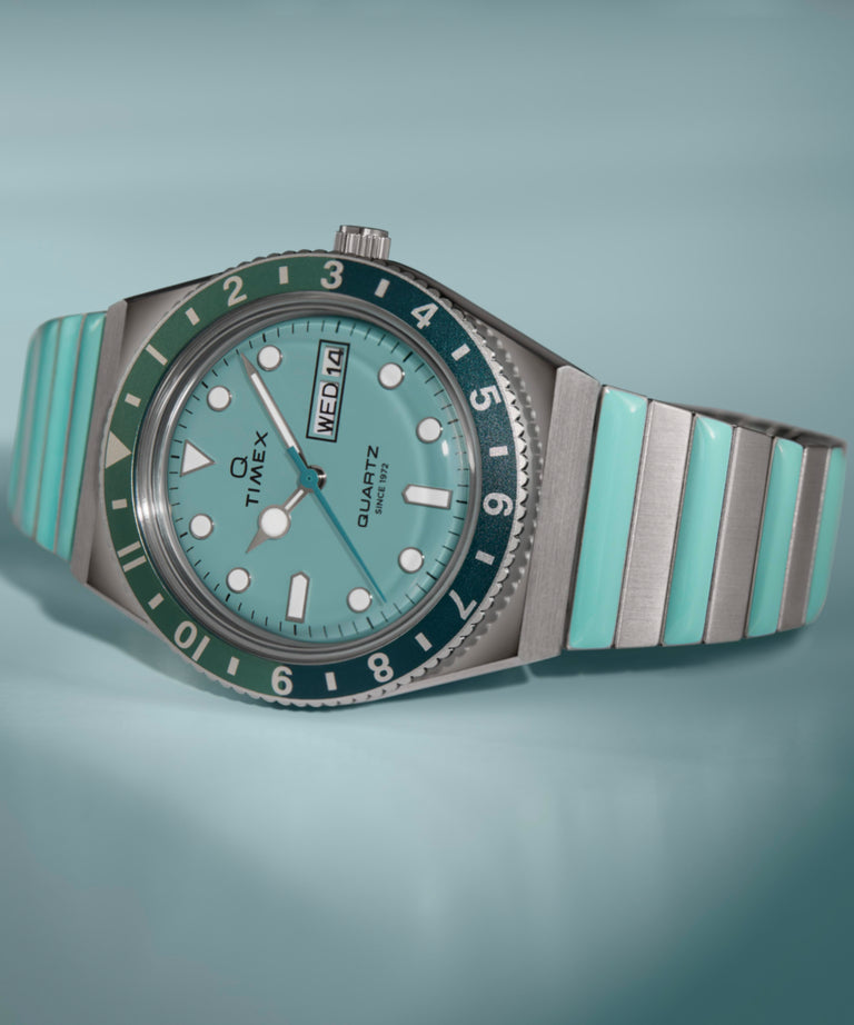 Timex Q Time 36mm Blue Stainless Steel Expansion Band Women's Watch TW2W87800