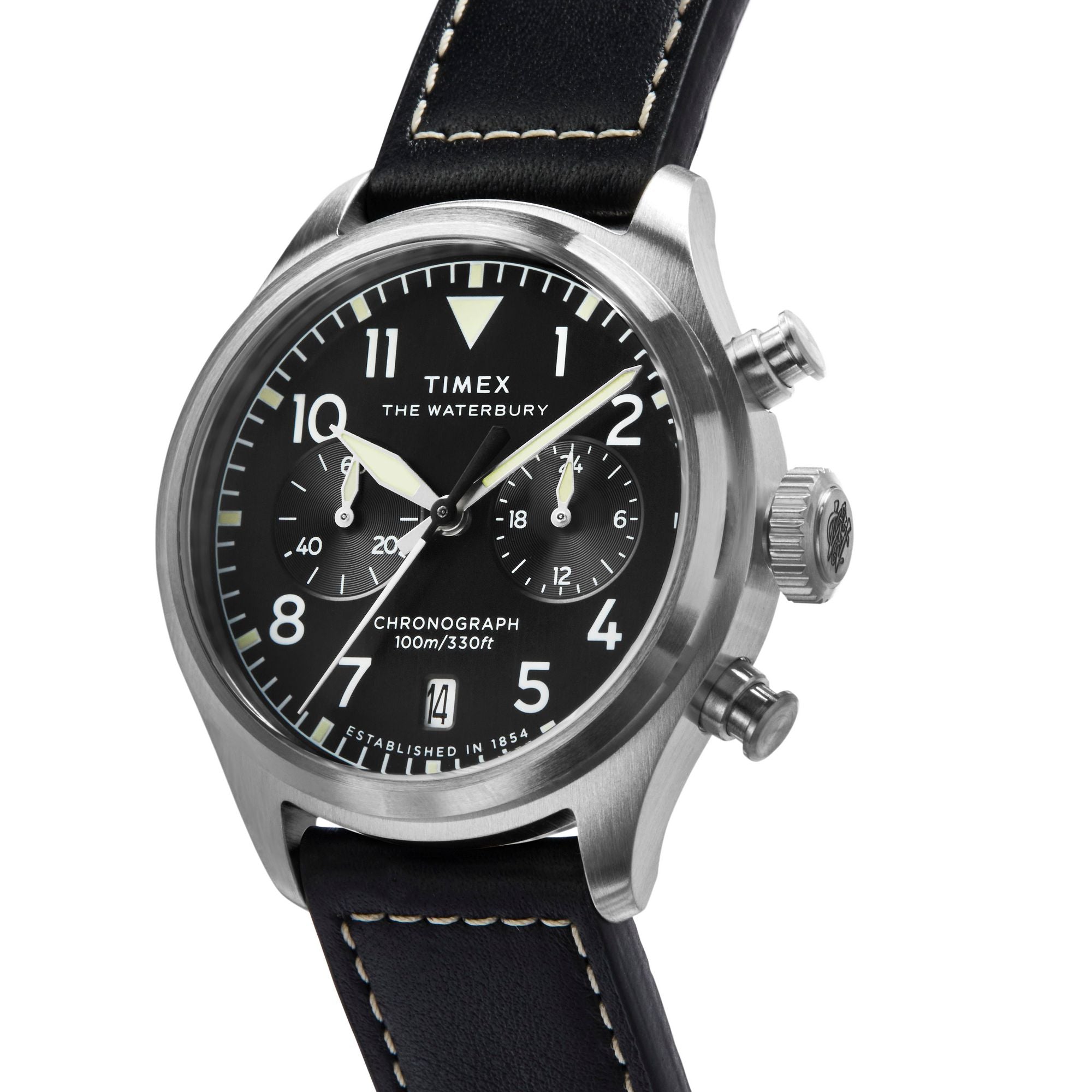 Timex Waterbury Chronograph Black Dial and Leather Strap Watch TW2Y19000
