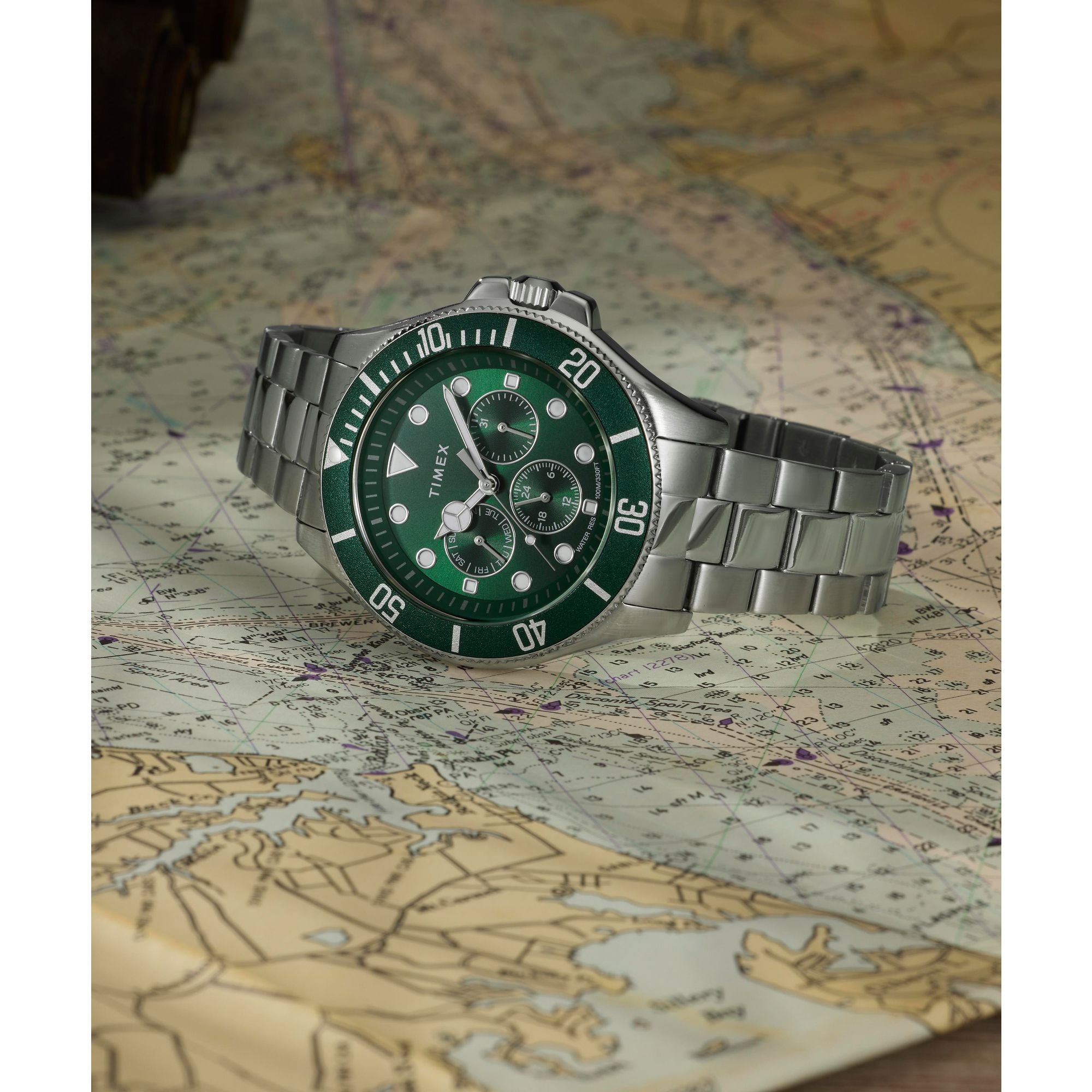 Timex Harbourside Chronograph Green Dial Stainless Steel Men's Watch TW2Y33200