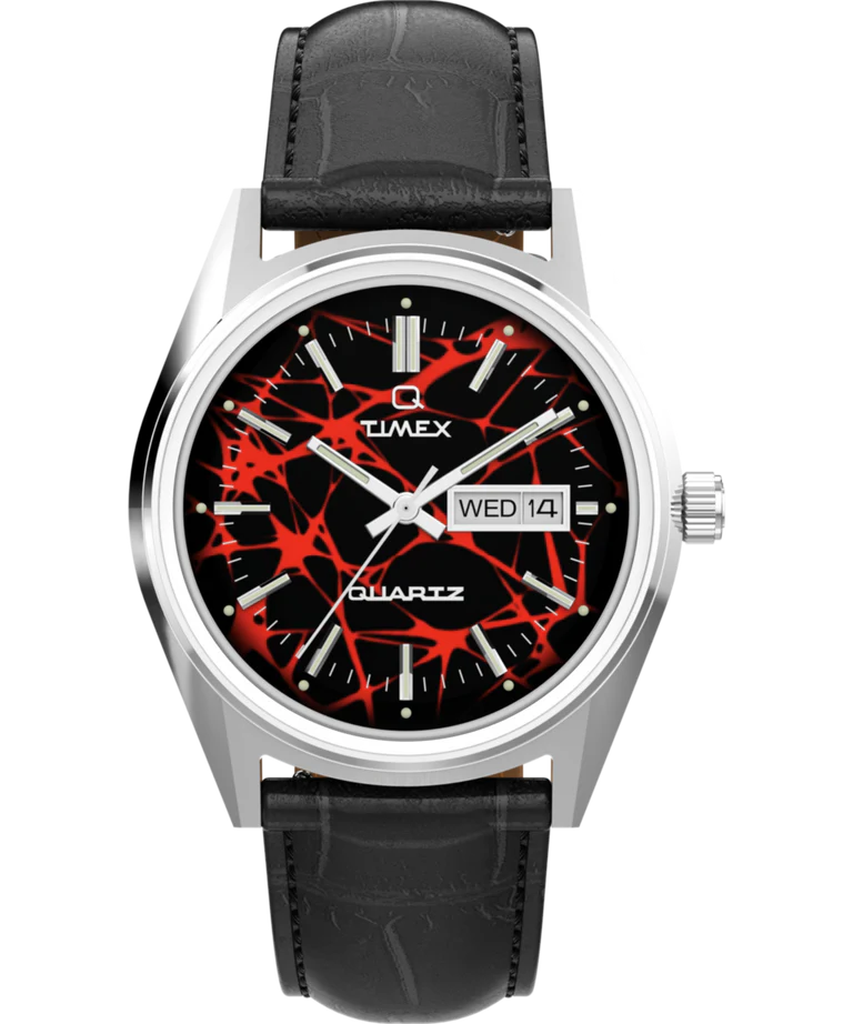Timex Q Red Vega Dial Black Leather Band Watch TW2Y55700