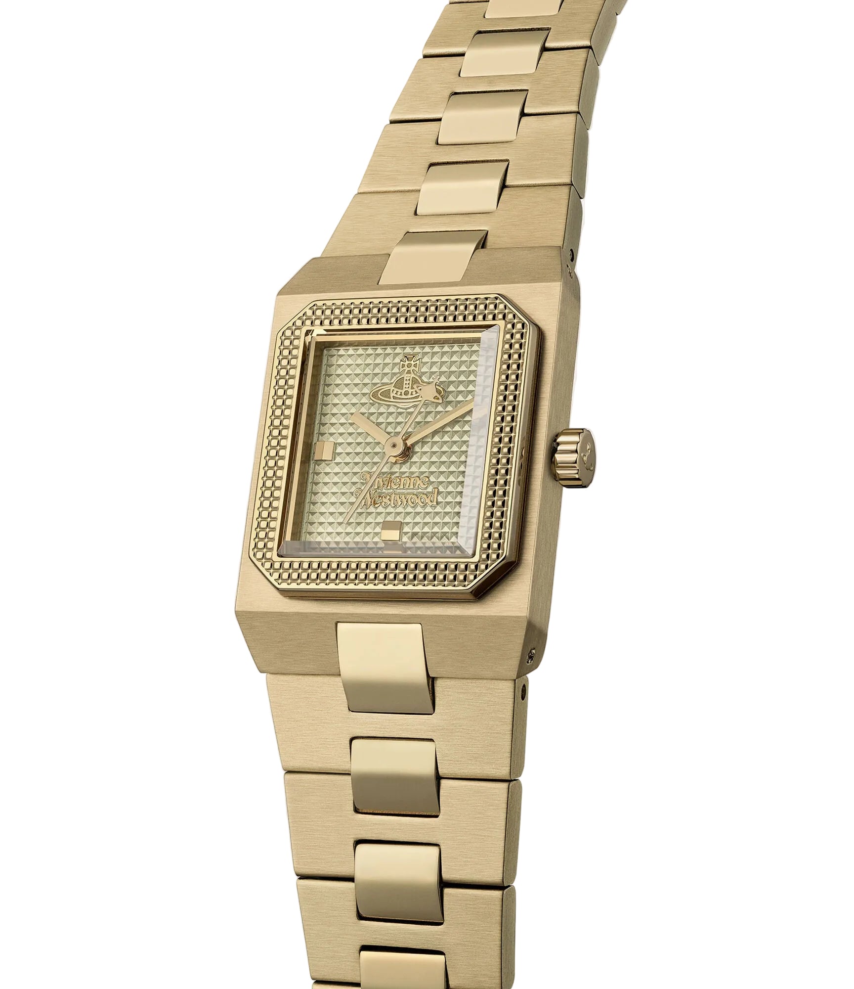Vivienne Westwood The Brunswick women's watch with a olive dial and gold stainless steel bracelet. Side profile view.