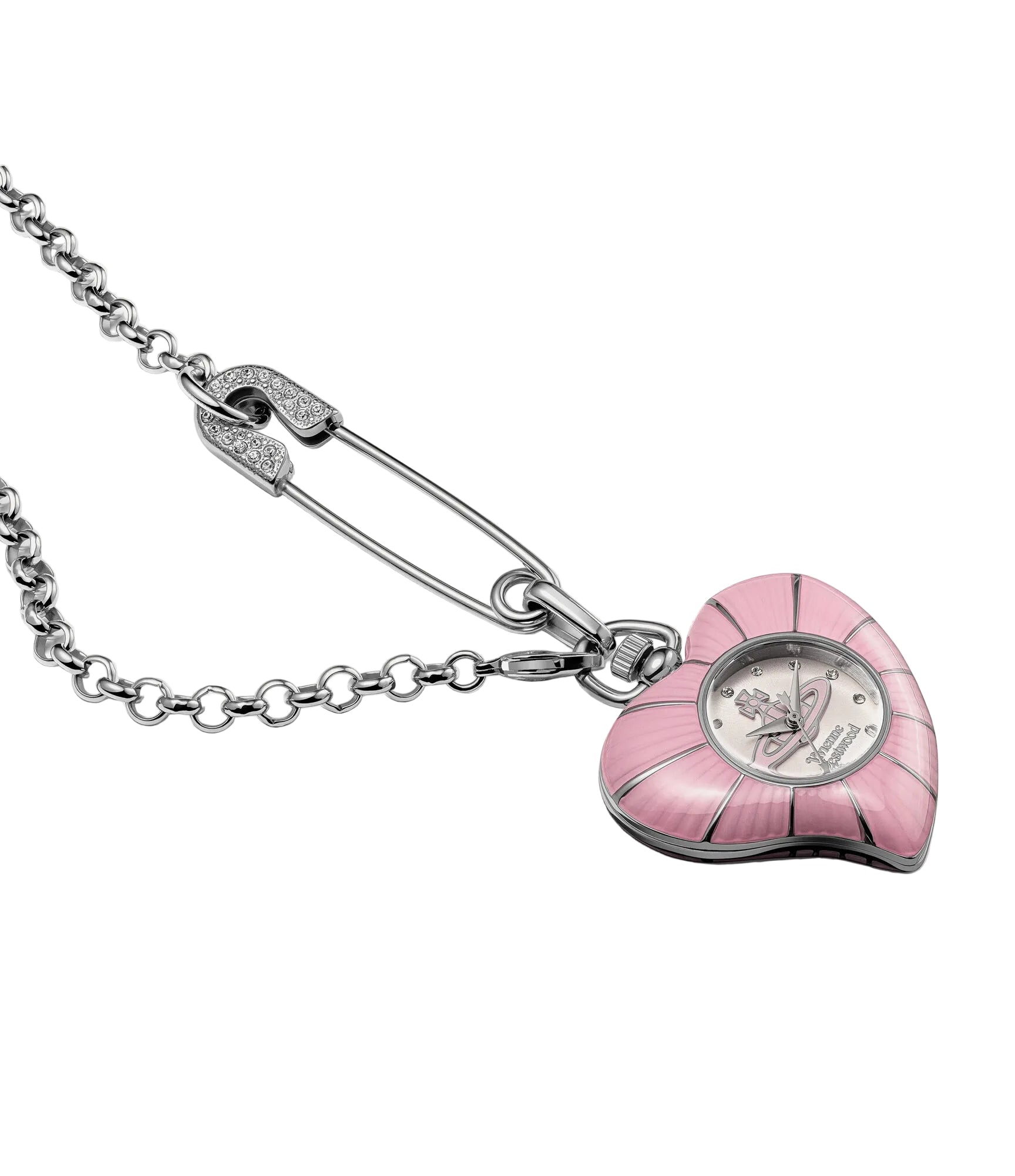 Vivienne Westwood Heart Pendant women's watch with a silver dial and silver pendant chain. Clasp and case back detail.