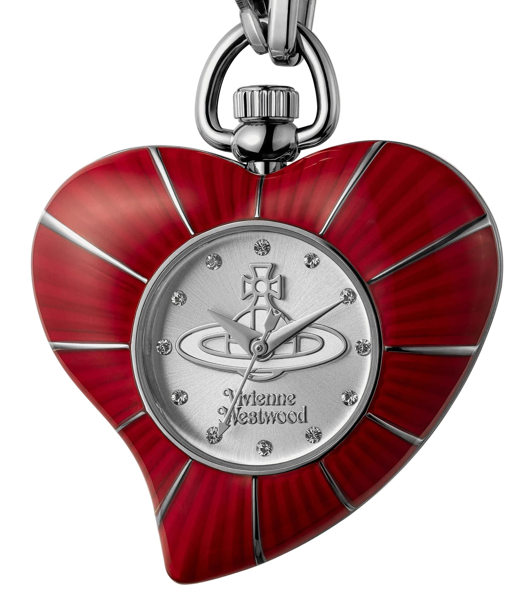Vivienne Westwood Heart Pendant women's watch with a silver dial and silver pendant chain. Side profile view.