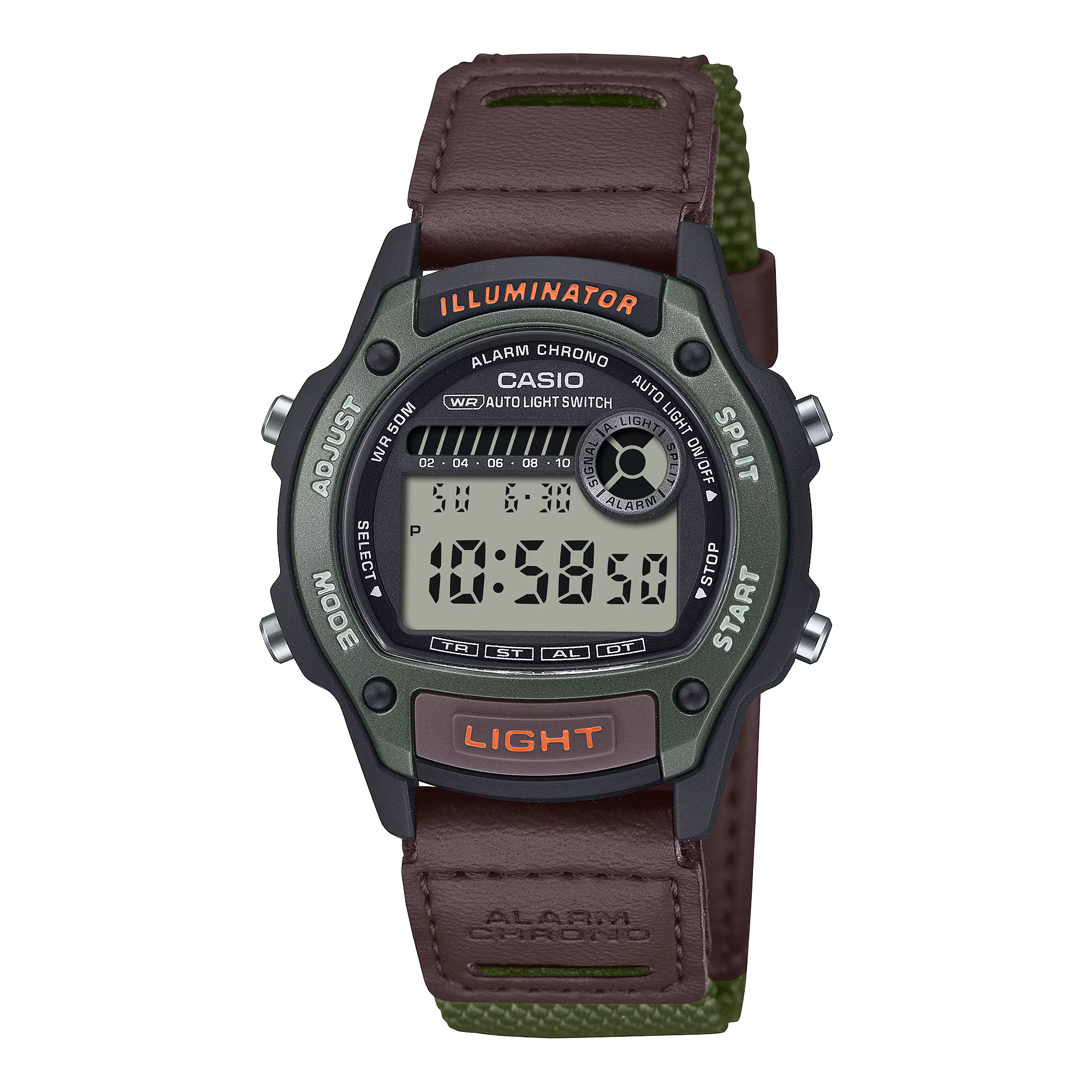 Casio Digital Mid Sized Watch Green and Brown Nylon Band W220HF-3A