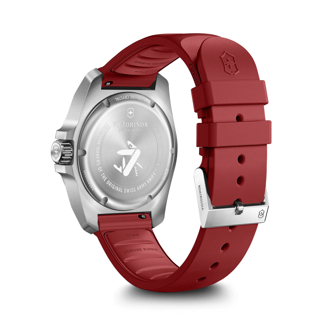 Victorinox I.N.O.X. Quartz Antimagnetic watch with red rubber strap and brushed stainless-steel case back.