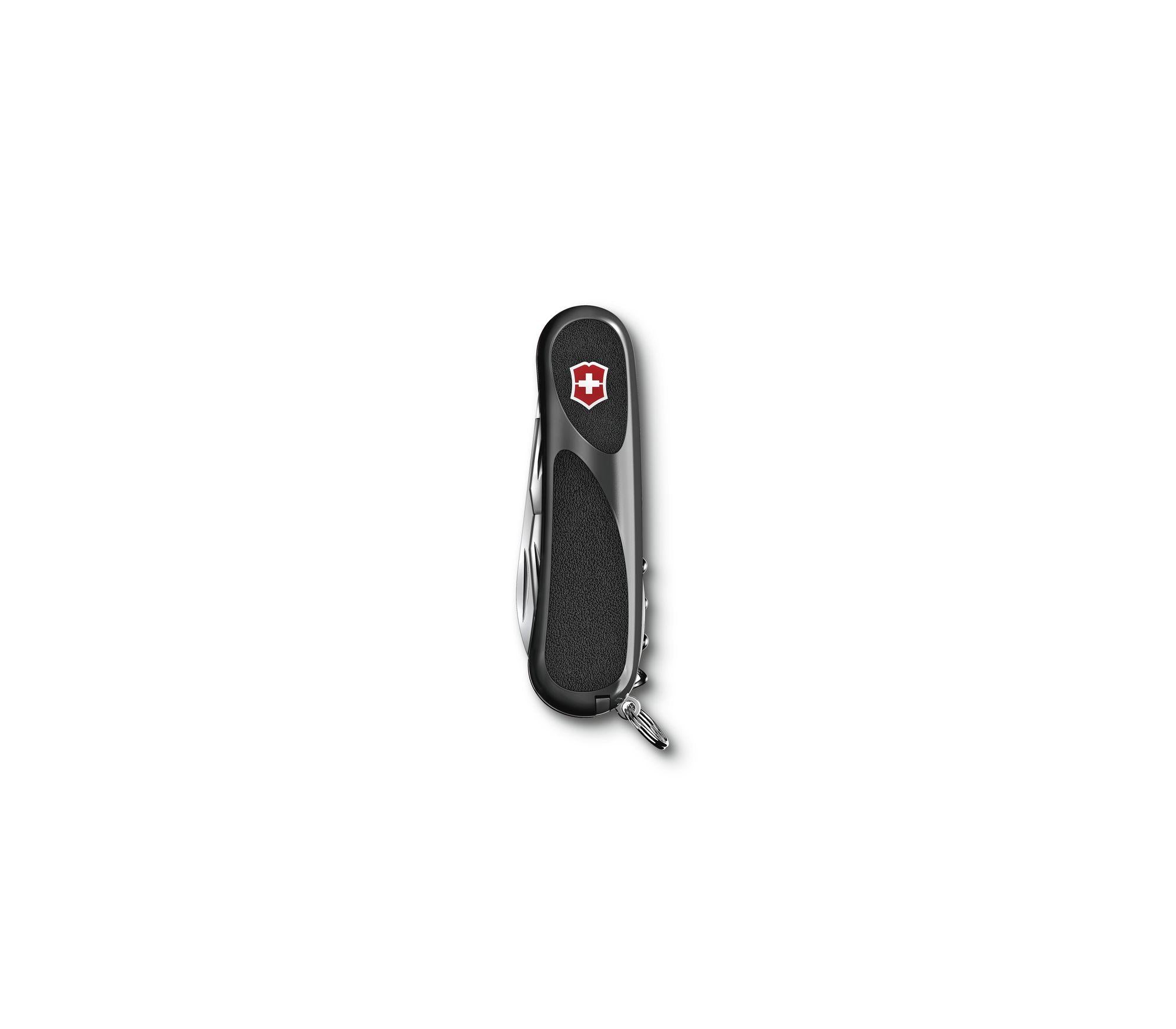 Swiss Army knife with a black handle and silver tools.
