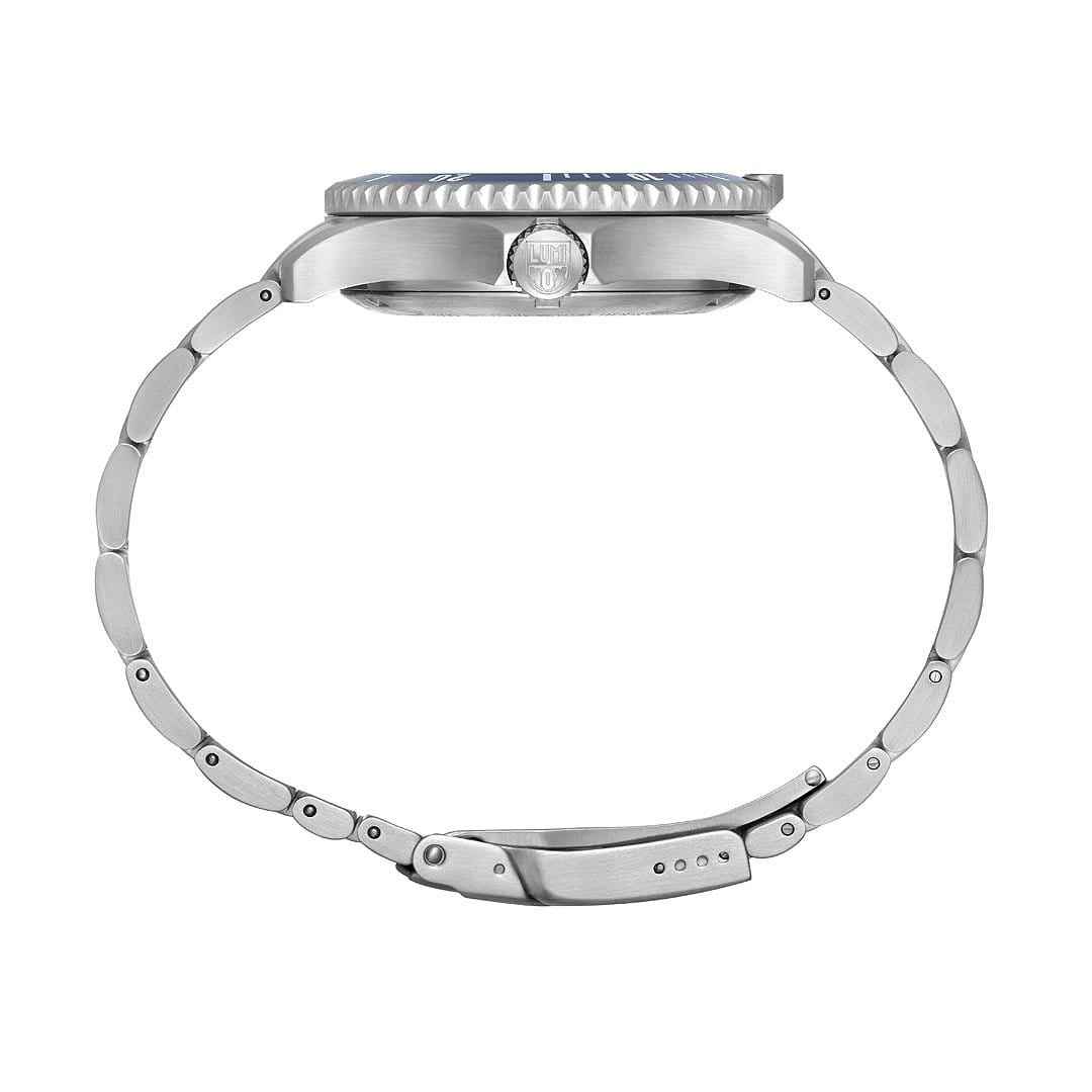 Silver wristwatch with a metal bracelet and fluted bezel.