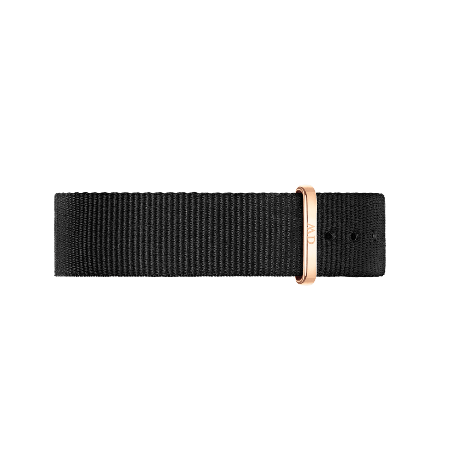 Black fabric watch strap with a rose gold-colored buckle.