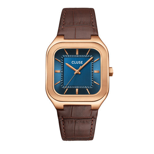 CLUSE Quadrus Brown Leather Band Blue Dial Rose Gold Men's Watch CW25705