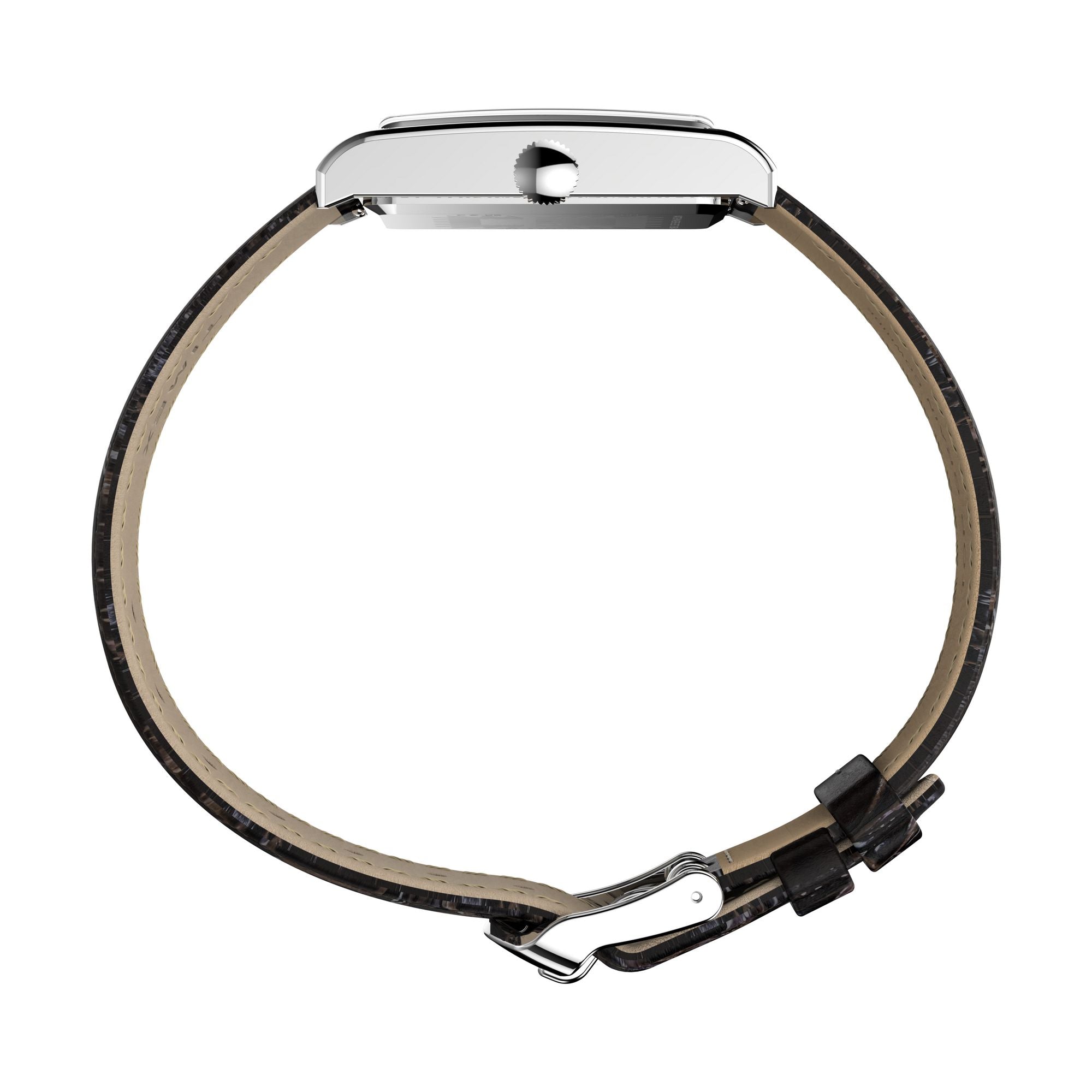 Timex 1976 Lexington TW2Y88200 silver dial with Roman numerals on a brown leather strap, case profile