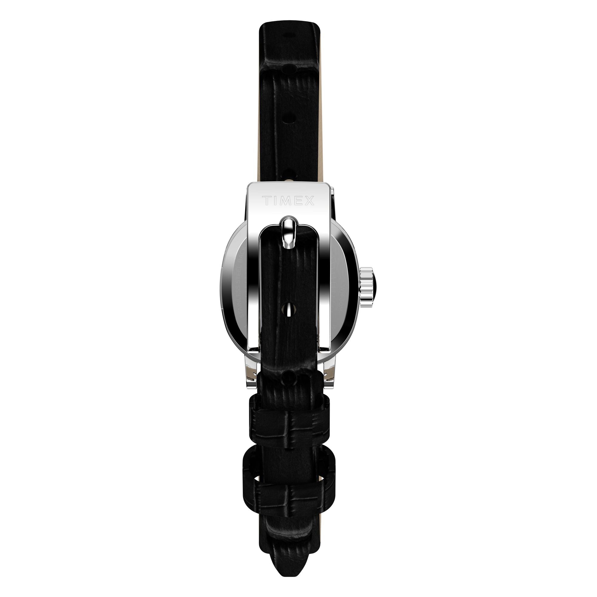 Timex Cavatina Mini TW2Y87800 white dial on a black leather strap, rear flat-lay with strap