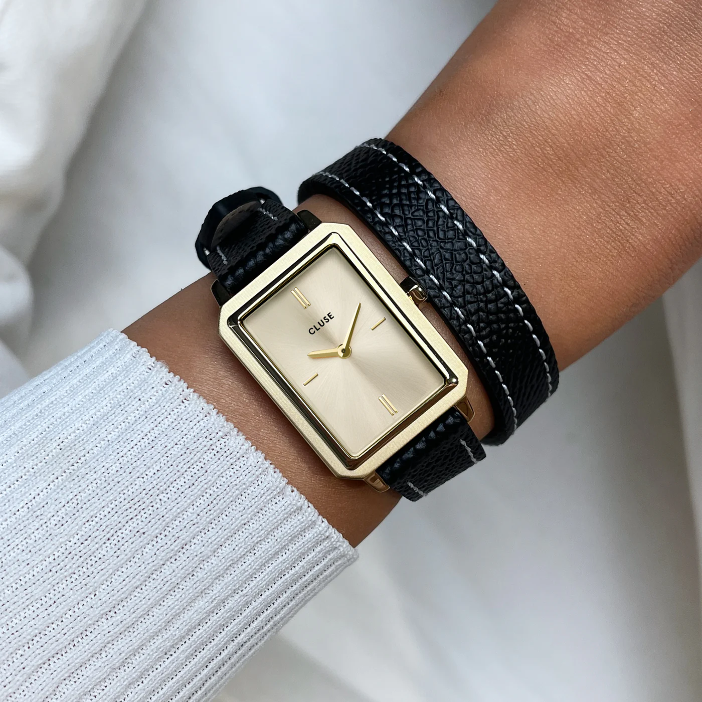 CLUSE Fluette Gold Dial Black Leather Double Wrap Band Watch CW11517