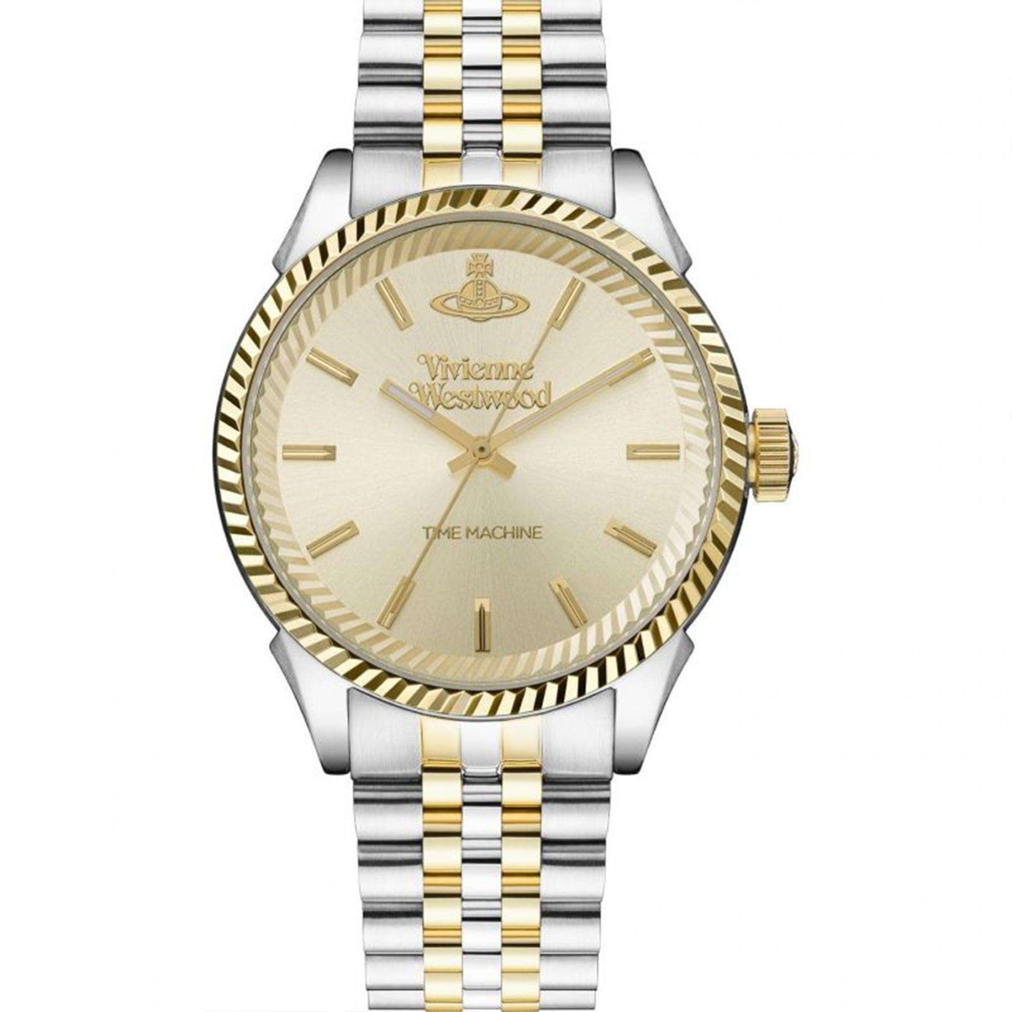 Vivienne Westwood Seymour Homme men's watch with a gold dial and two tone stainless steel bracelet.