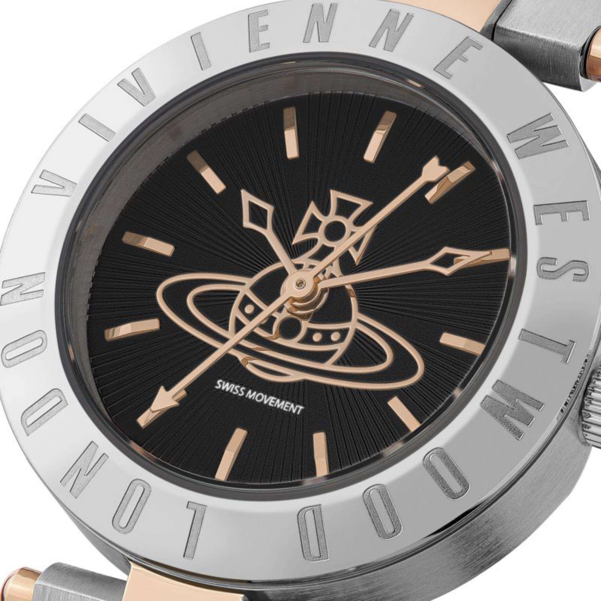 Vivienne Westwood Westbourne women's watch with a black dial and two tone stainless steel bracelet. Clasp and case back detail.